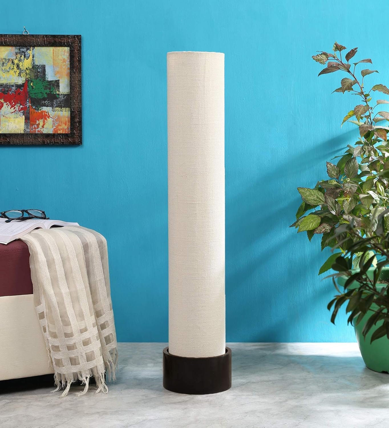 White Jute Round Brown Wood Floor Lamps (White, Jute)