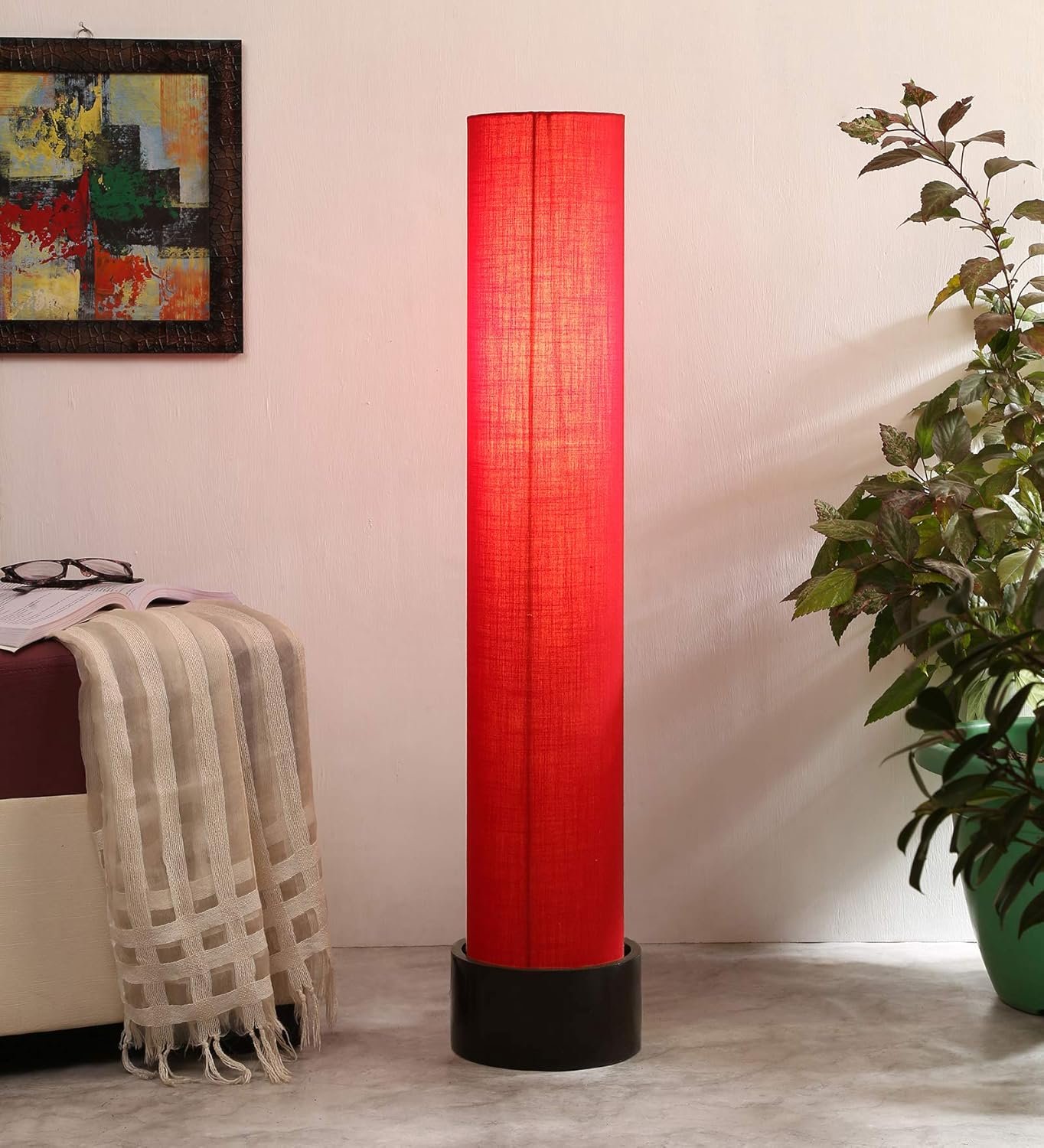 Red Round Cotton Brown Wood Floor Lamps (Red,Cotton)