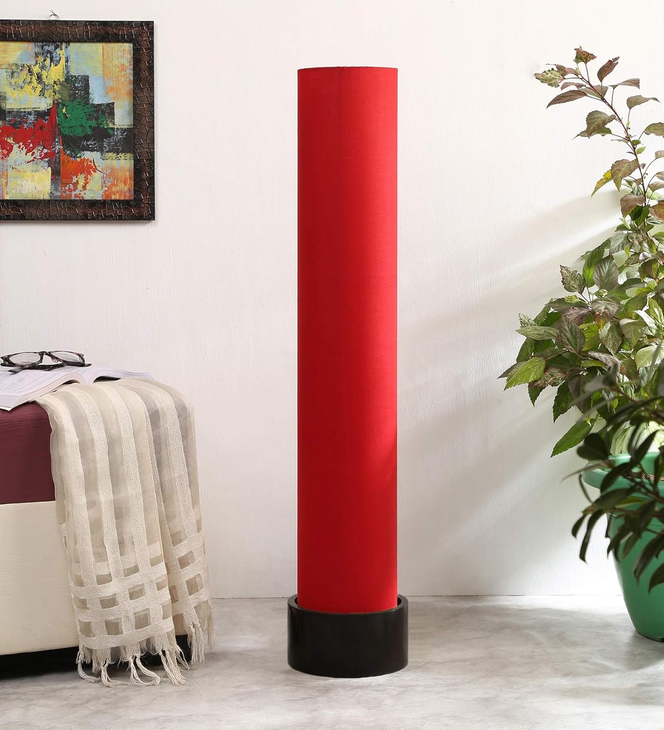 Red Round Cotton Brown Wood Floor Lamps (Red,Cotton)
