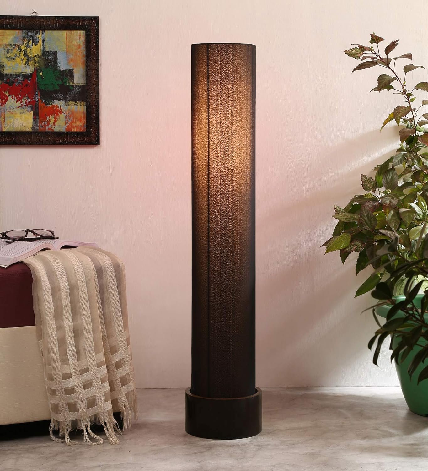 Black Round Cotton Brown Wood Floor Lamps (Black,Cotton)