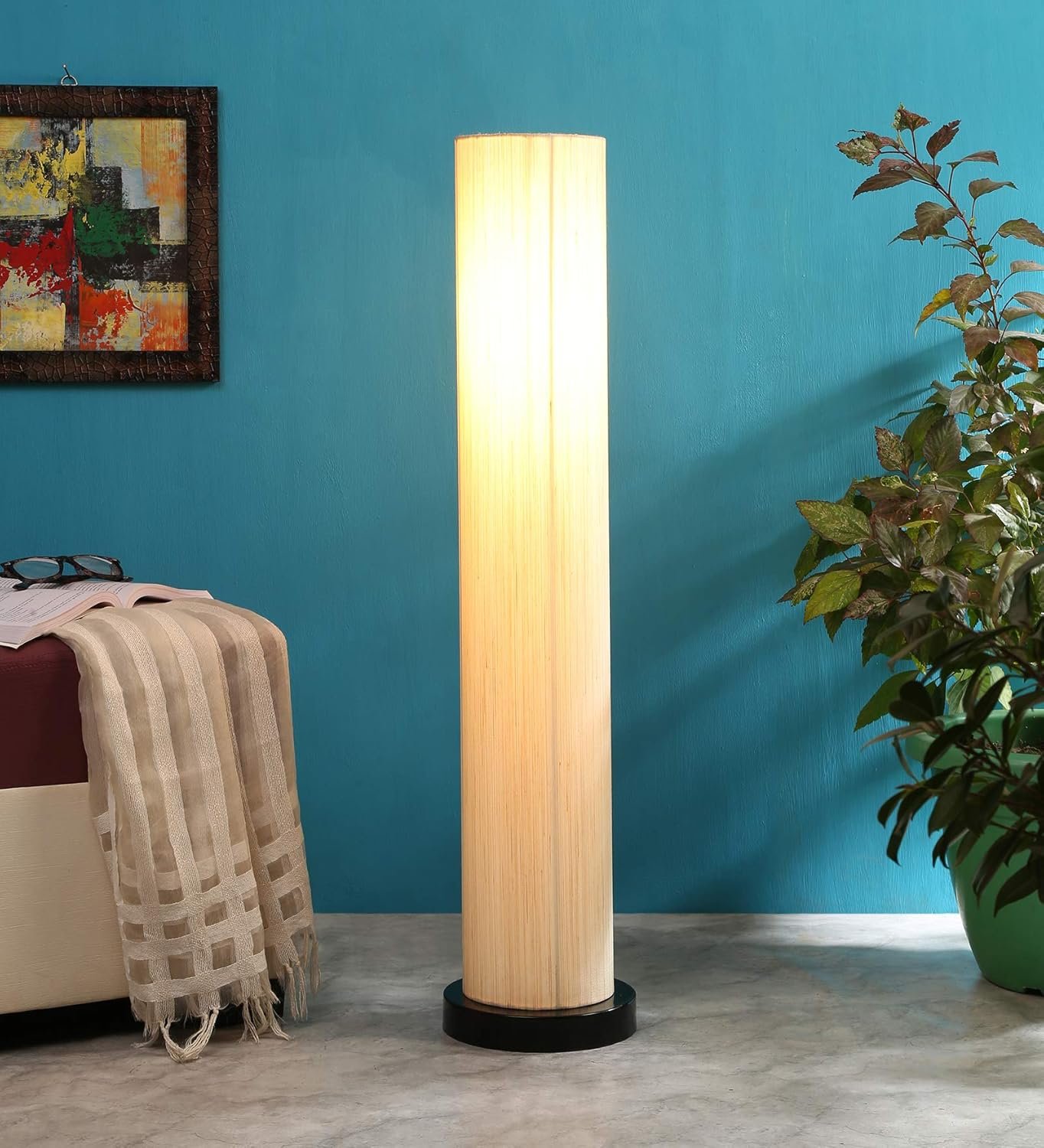 Off White Khadi Cotton Round Iron Floor Lamps (Off White,Khadi)�