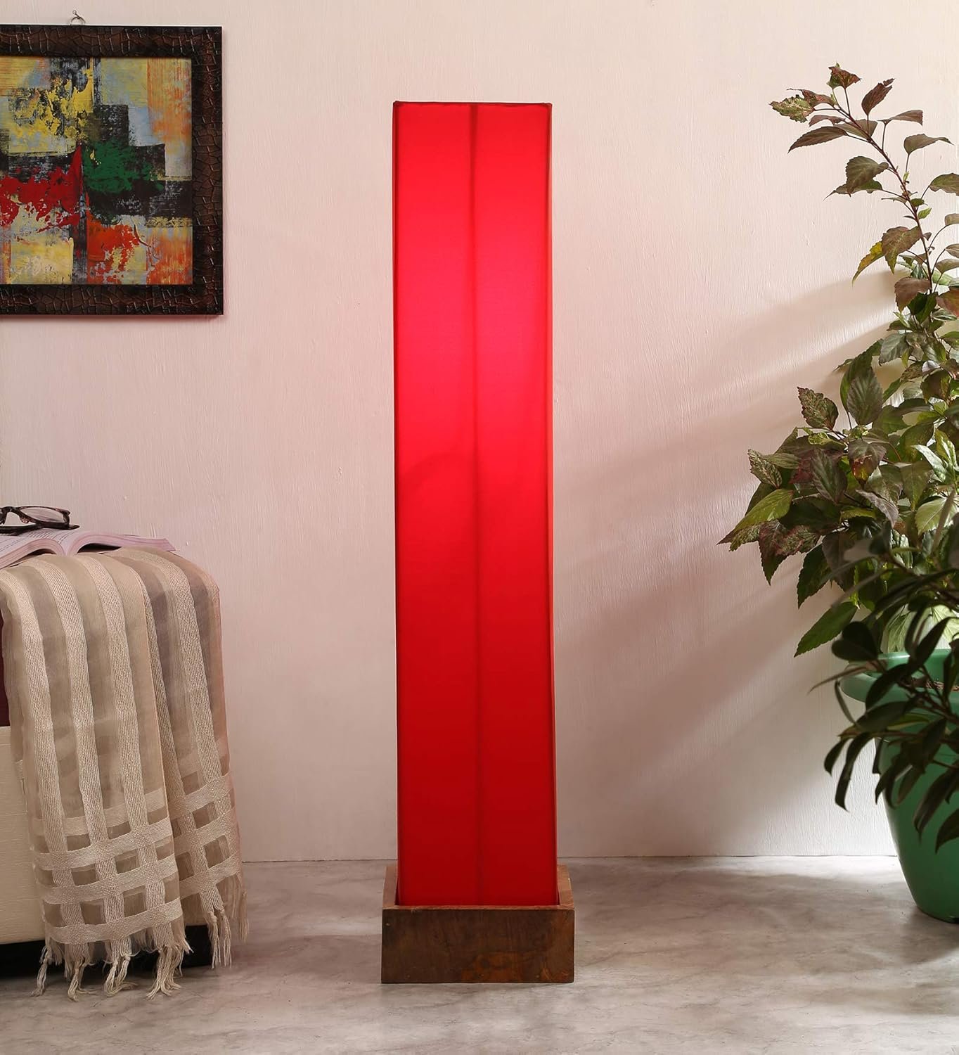 Red Cotton Square Natural Wood Floor Lamps (Red,Cotton)