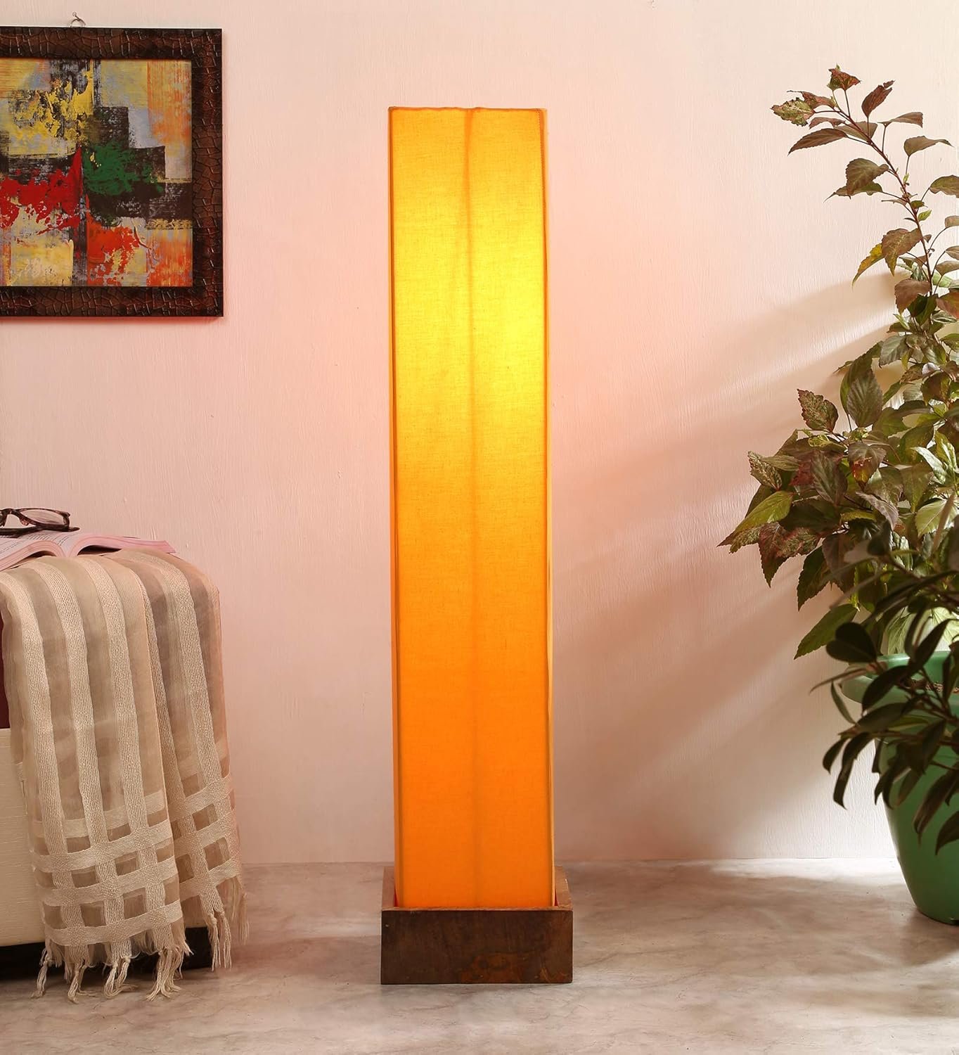 Cotton Square Natural Wood Floor Lamps (Yellow)