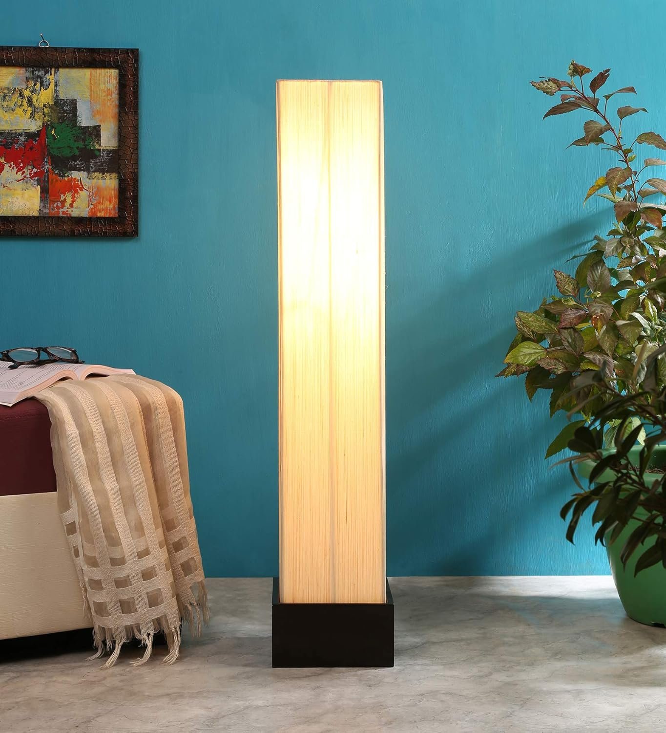Cotton Square Wooden Floor Lamps (Off White, Khadi)