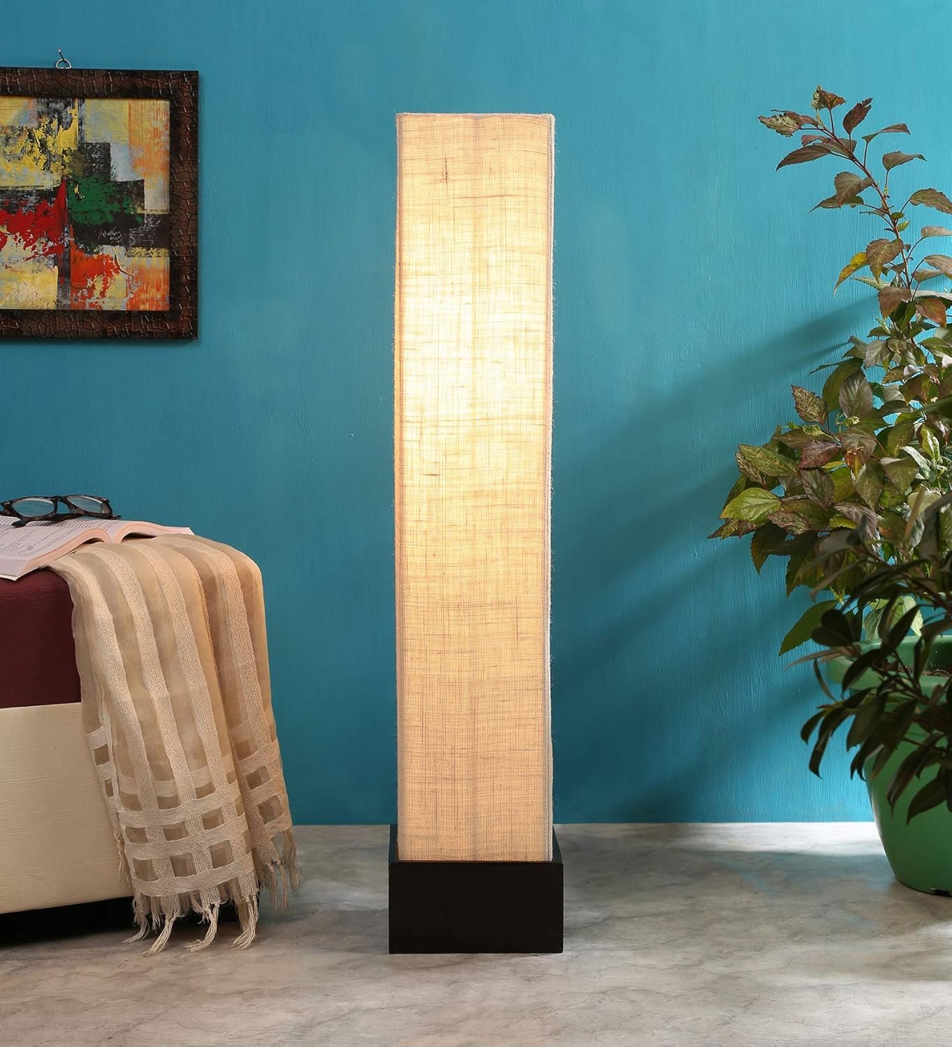 White Jute Square Brown Wood Floor Lamps (White,Jute)