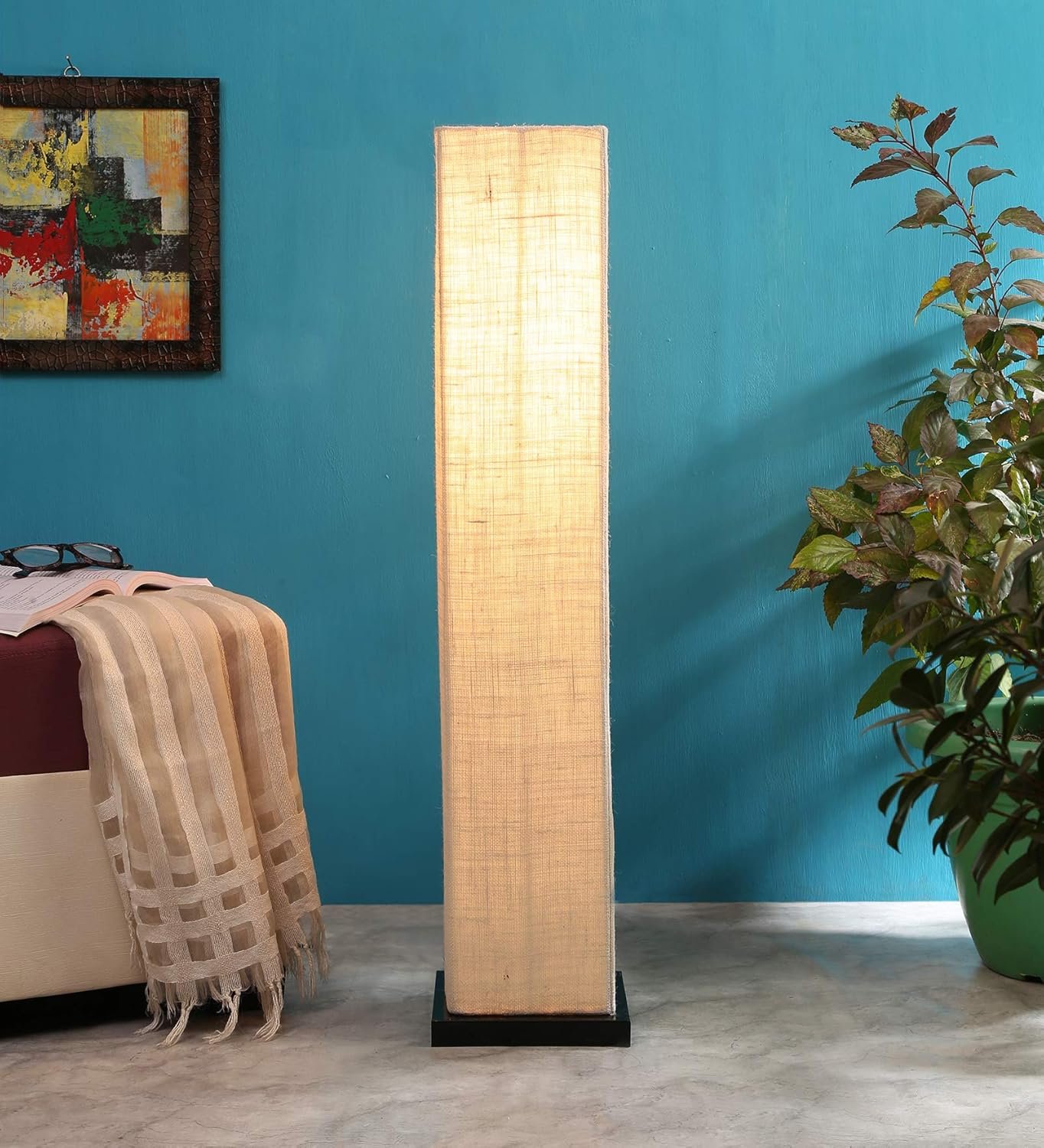 White Jute Square Iron Floor Lamps (White,Jute)