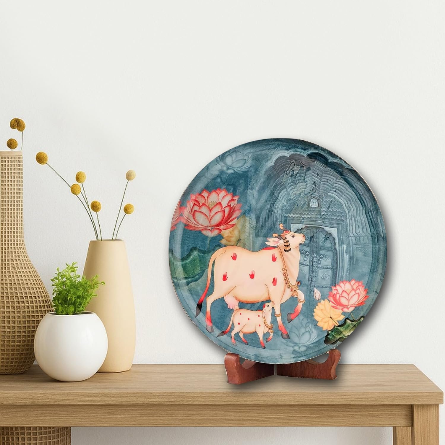 Pastel Pichwai Divine Cow Serenity Print Wall Plate (10 Inch) Finish Frame for Home Decoration, Living Room - Wall Art for Gift, Aesthetic Room Decor Items | Wall Hanging (Greenish)
