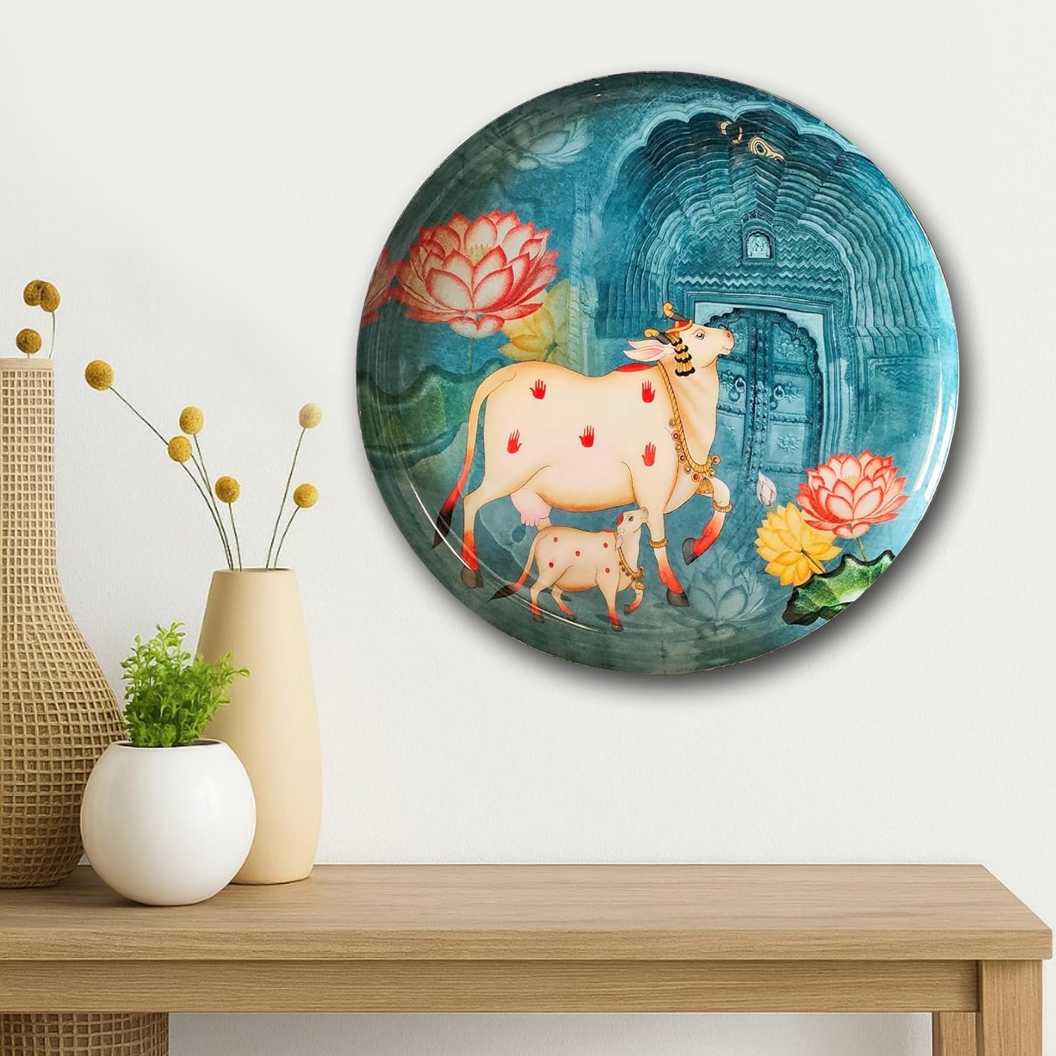 Pastel Pichwai Divine Cow Serenity Print Wall Plate (10 Inch) Finish Frame for Home Decoration, Living Room - Wall Art for Gift, Aesthetic Room Decor Items | Wall Hanging (Greenish)