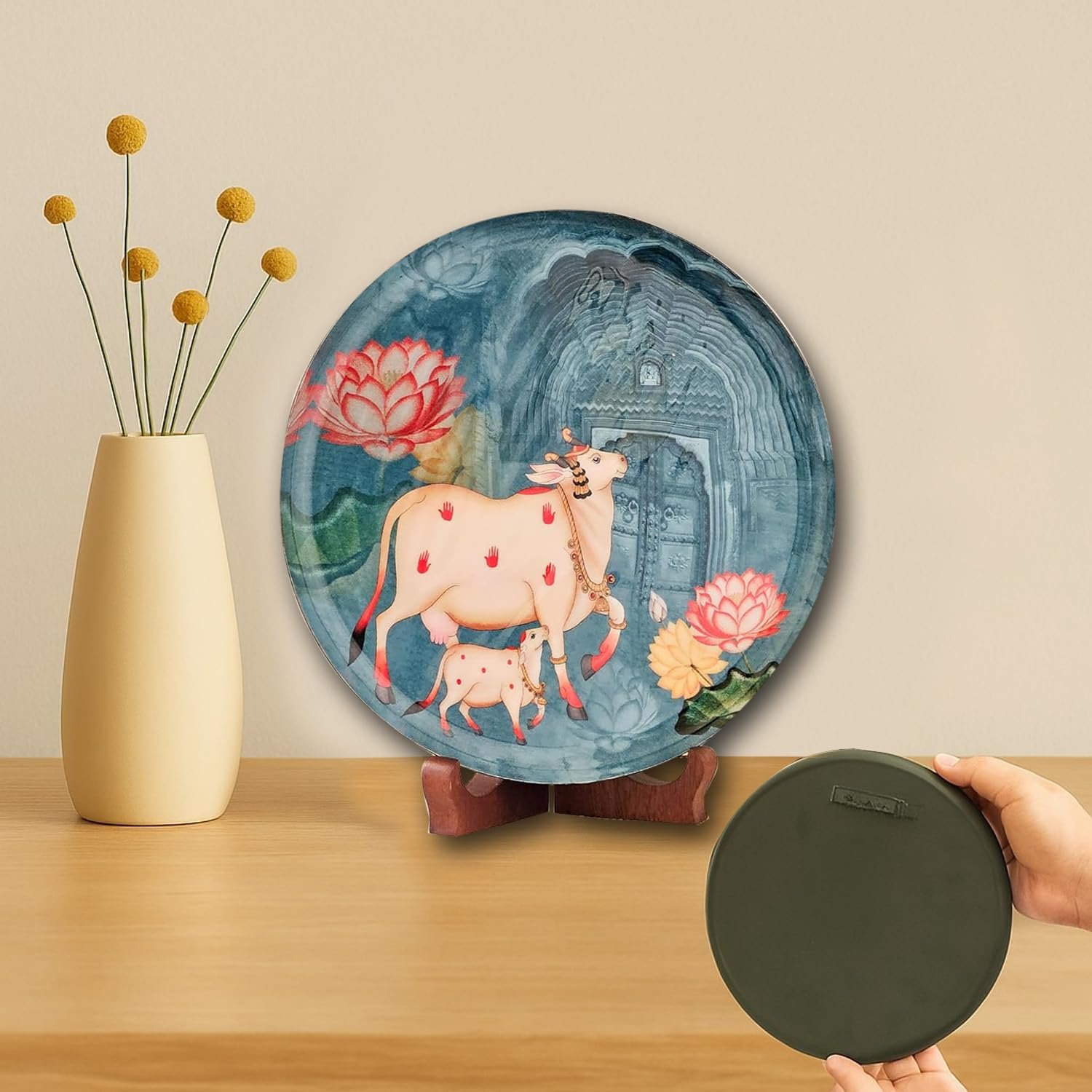 Pastel Pichwai Divine Cow Serenity Print Wall Plate (10 Inch) Finish Frame for Home Decoration, Living Room - Wall Art for Gift, Aesthetic Room Decor Items | Wall Hanging (Greenish)