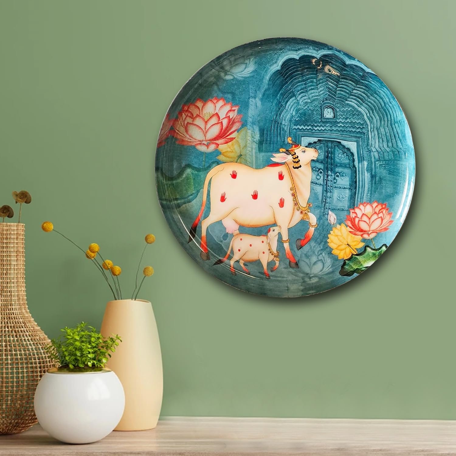 Pastel Pichwai Divine Cow Serenity Print Wall Plate (10 Inch) Finish Frame for Home Decoration, Living Room - Wall Art for Gift, Aesthetic Room Decor Items | Wall Hanging (Greenish)