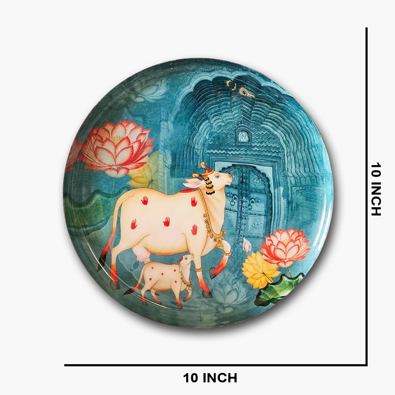 Pastel Pichwai Divine Cow Serenity Print Wall Plate (10 Inch) Finish Frame for Home Decoration, Living Room - Wall Art for Gift, Aesthetic Room Decor Items | Wall Hanging (Greenish)