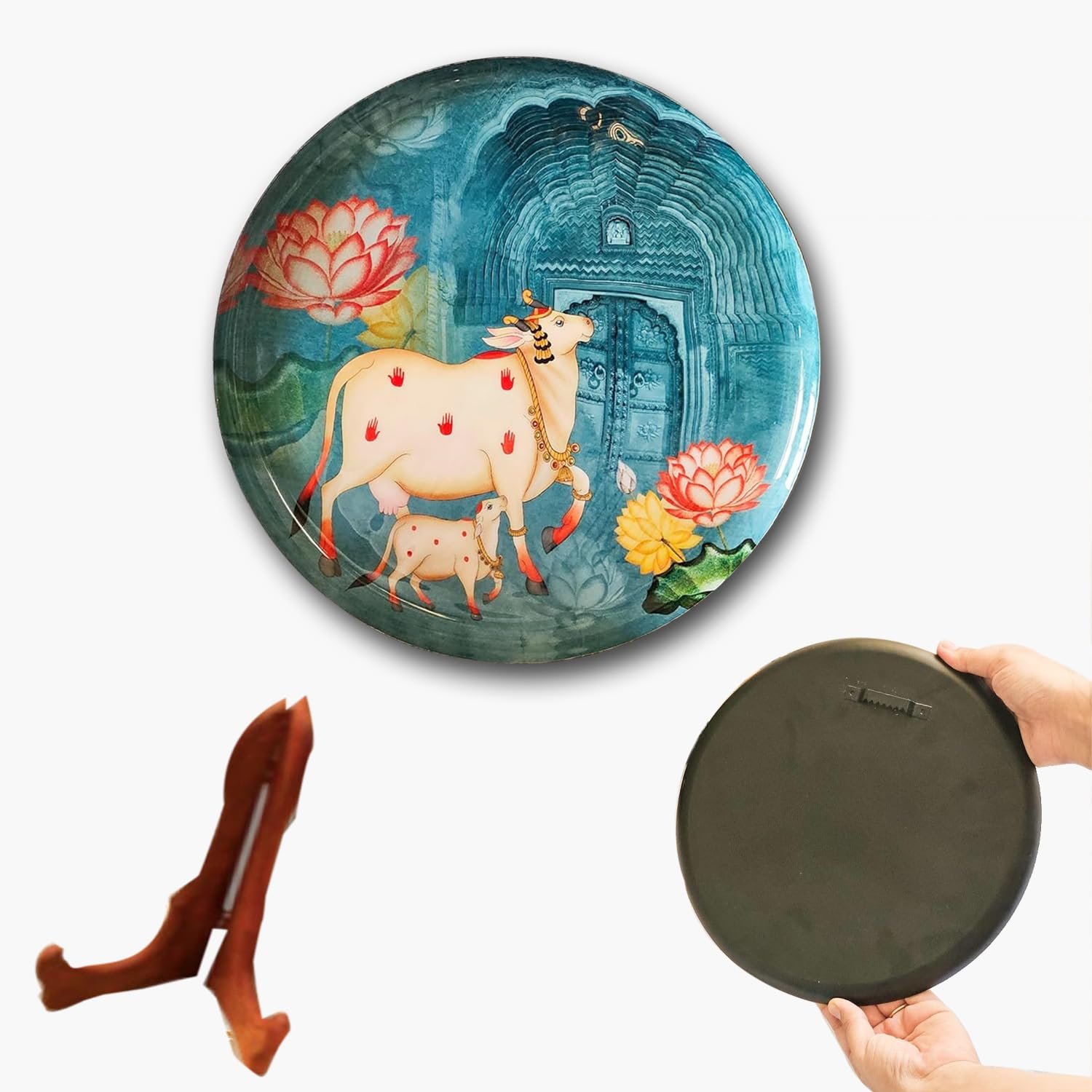 Pastel Pichwai Divine Cow Serenity Print Wall Plate (10 Inch) Finish Frame for Home Decoration, Living Room - Wall Art for Gift, Aesthetic Room Decor Items | Wall Hanging (Greenish)
