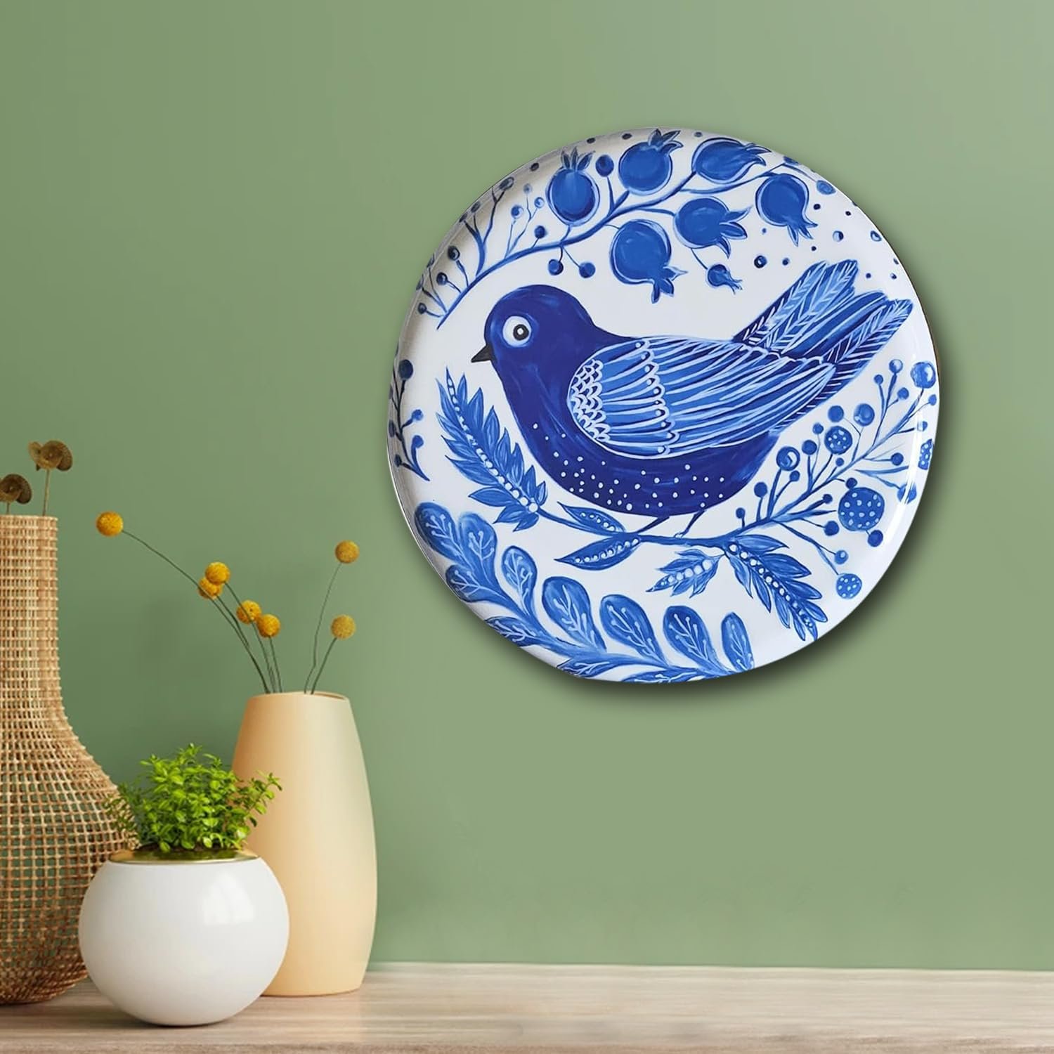 Pastel Pichwai Blue Bird Harmony Wall Plate (10 Inch) Finish Frame for Home Decoration, Living Room - Wall Art for Gift, Aesthetic Room Decor Items | Wall Hanging (Blue)