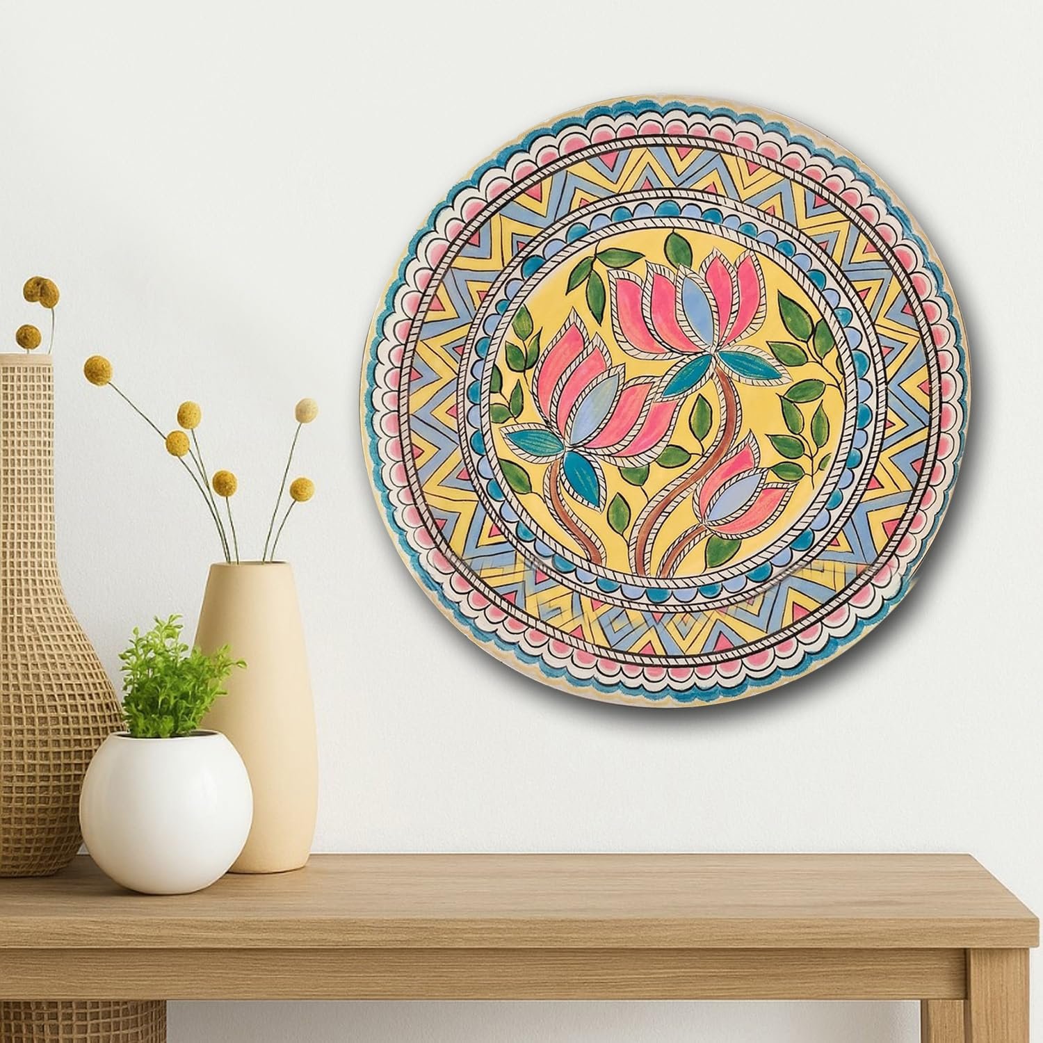 Pastel Pichwai Lotus Mandala Bloom Wall Plate (10 Inch) Finish Frame for Home Decoration, Living Room - Wall Art for Gift, Aesthetic Room Decor Items | Wall Hanging (Multi Floral)