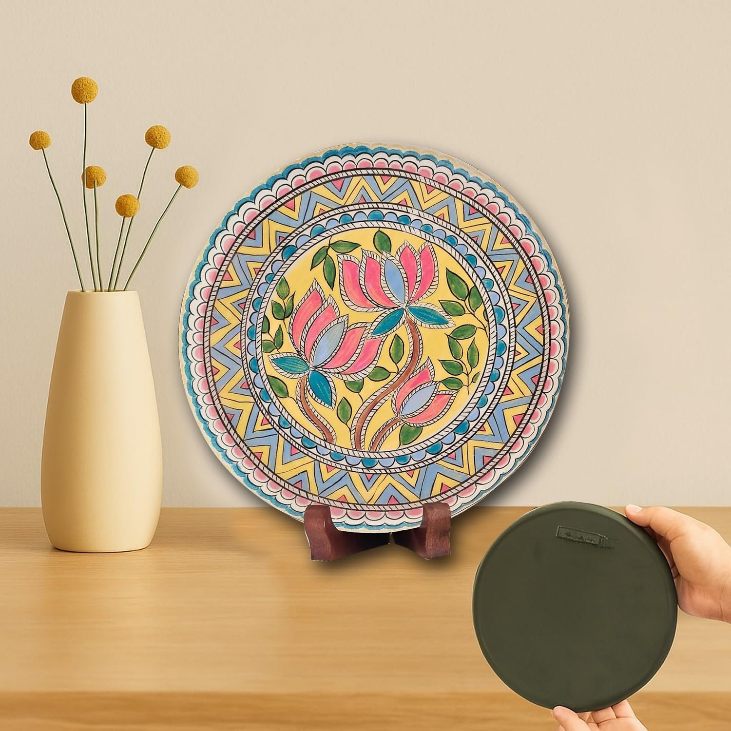 Pastel Pichwai Lotus Mandala Bloom Wall Plate (10 Inch) Finish Frame for Home Decoration, Living Room - Wall Art for Gift, Aesthetic Room Decor Items | Wall Hanging (Multi Floral)