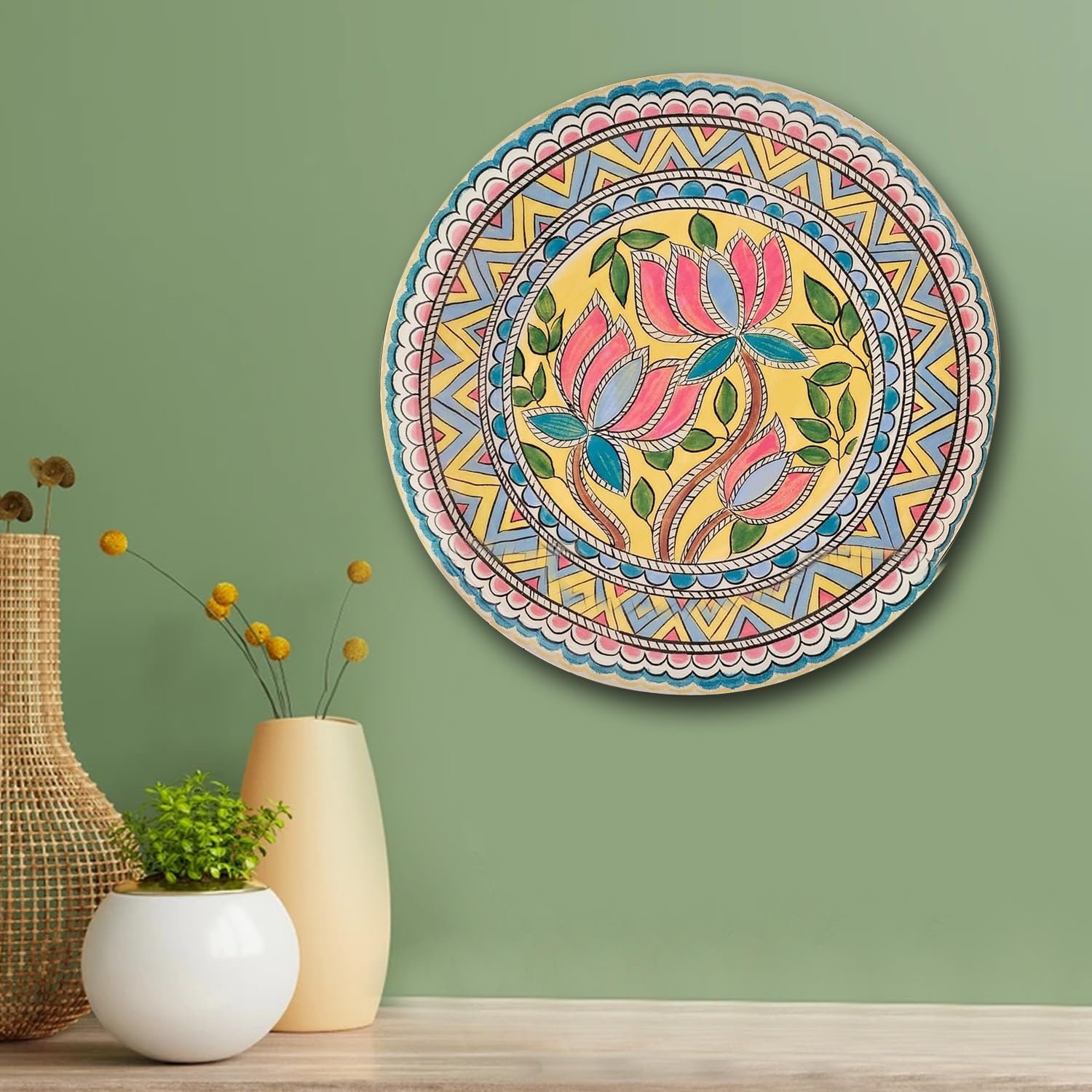 Pastel Pichwai Lotus Mandala Bloom Wall Plate (10 Inch) Finish Frame for Home Decoration, Living Room - Wall Art for Gift, Aesthetic Room Decor Items | Wall Hanging (Multi Floral)