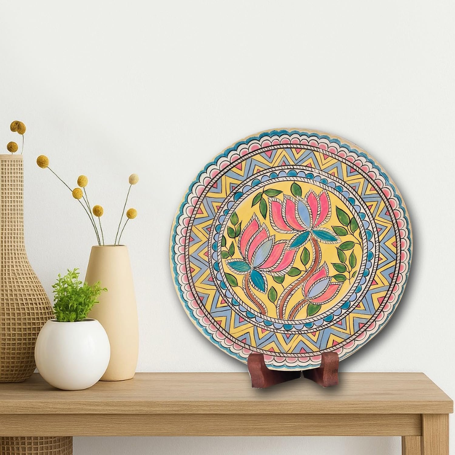 Pastel Pichwai Lotus Mandala Bloom Wall Plate (10 Inch) Finish Frame for Home Decoration, Living Room - Wall Art for Gift, Aesthetic Room Decor Items | Wall Hanging (Multi Floral)