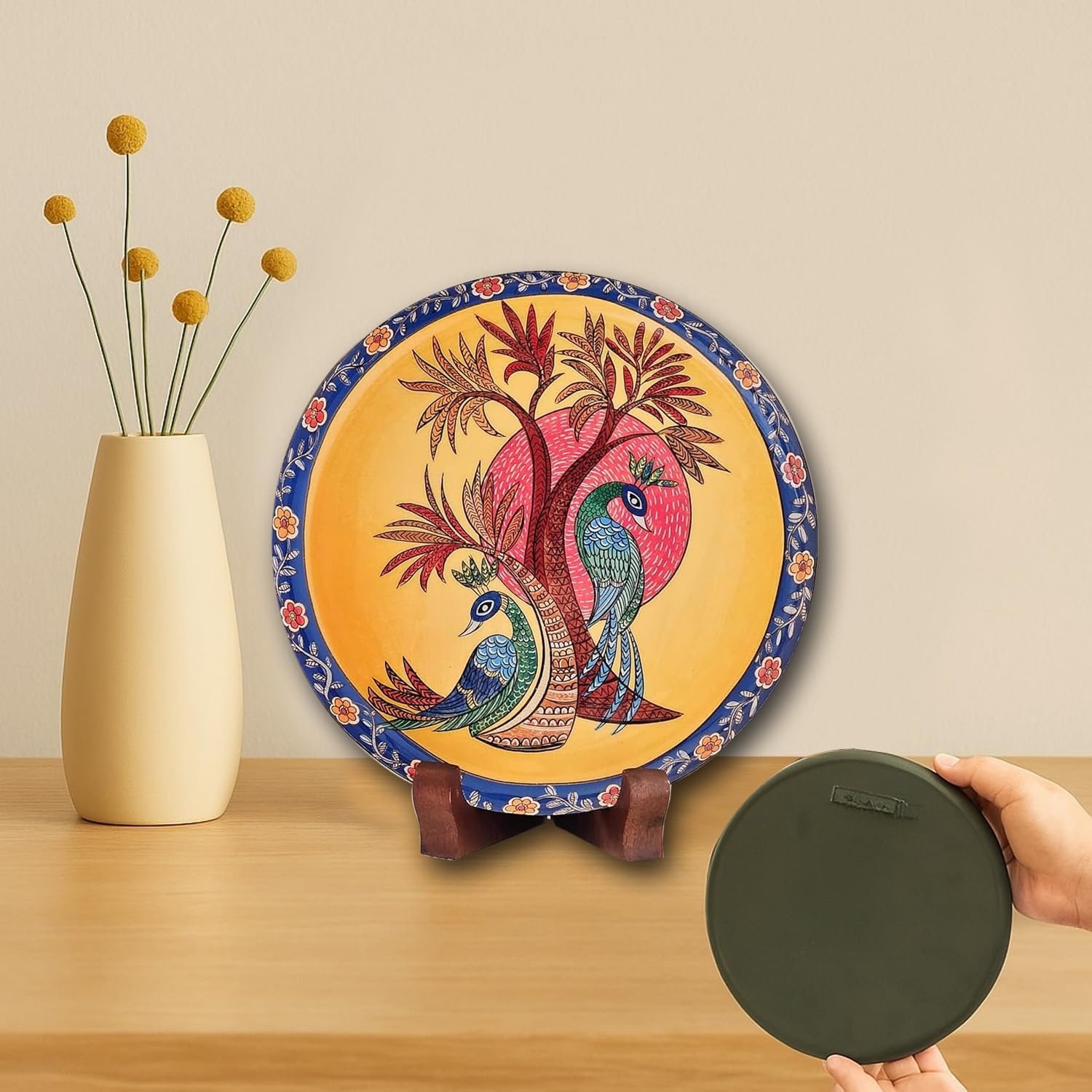 Pastel Pichwai Peacock Tree Melody Wall Plate (10 Inch) Finish Frame for Home Decoration, Living Room - Wall Art for Gift, Aesthetic Room Decor Items | Wall Hanging (Multi)