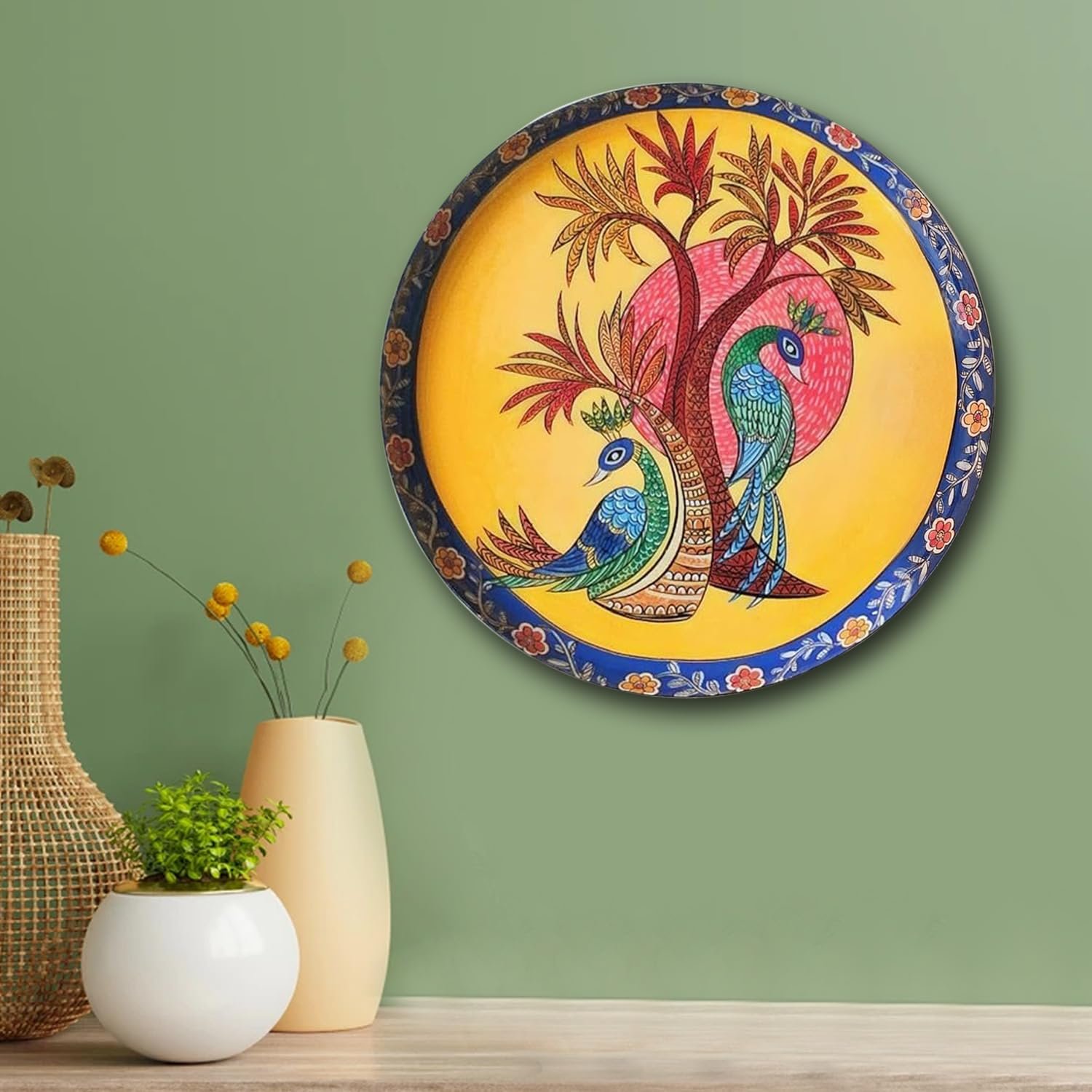 Pastel Pichwai Peacock Tree Melody Wall Plate (10 Inch) Finish Frame for Home Decoration, Living Room - Wall Art for Gift, Aesthetic Room Decor Items | Wall Hanging (Multi)