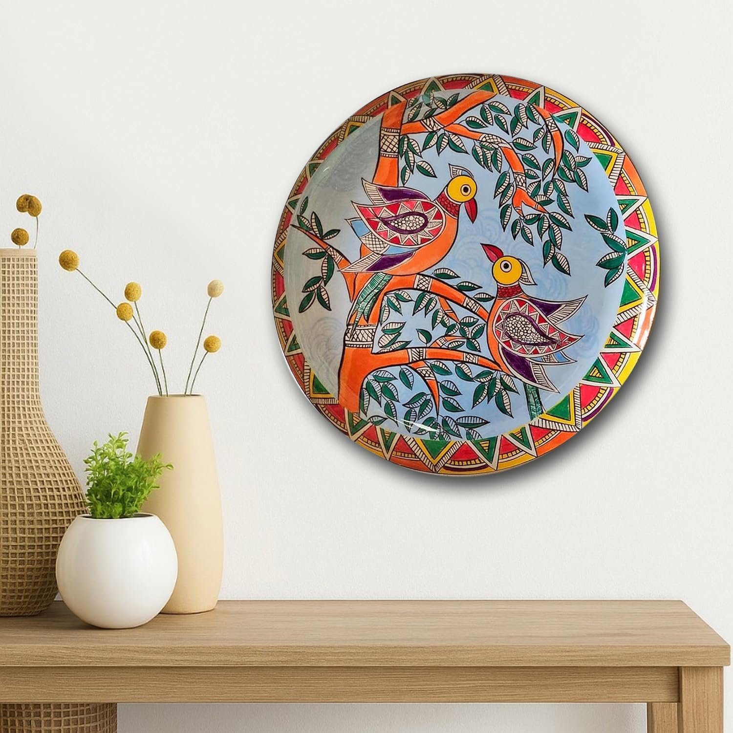 Pastel Pichwai Love Birds Harmony Wall Plate (10 Inch) Finish Frame for Home Decoration, Living Room - Wall Art for Gift, Aesthetic Room Decor Items | Wall Hanging (Multi)