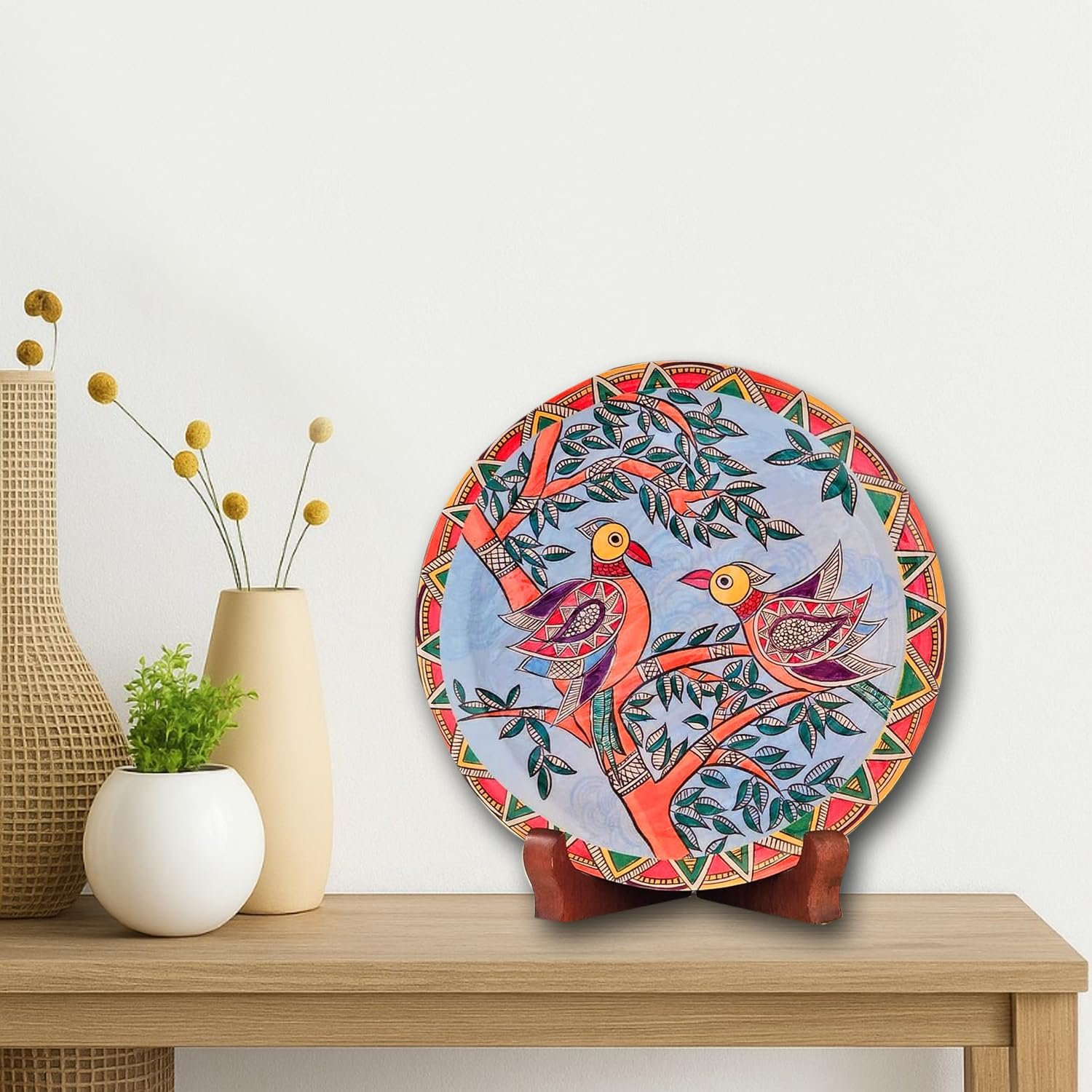 Pastel Pichwai Love Birds Harmony Wall Plate (10 Inch) Finish Frame for Home Decoration, Living Room - Wall Art for Gift, Aesthetic Room Decor Items | Wall Hanging (Multi)