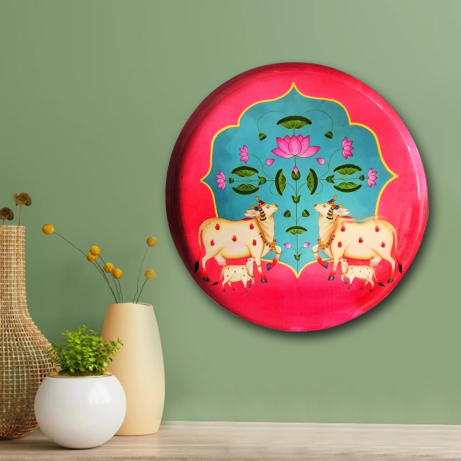 Pastel Pichwai Lotus & Cows Wall Plate (10 Inch) Finish Frame for Home Decoration, Living Room - Wall Art for Gift, Aesthetic Room Decor Items | Wall Hanging (Pink)