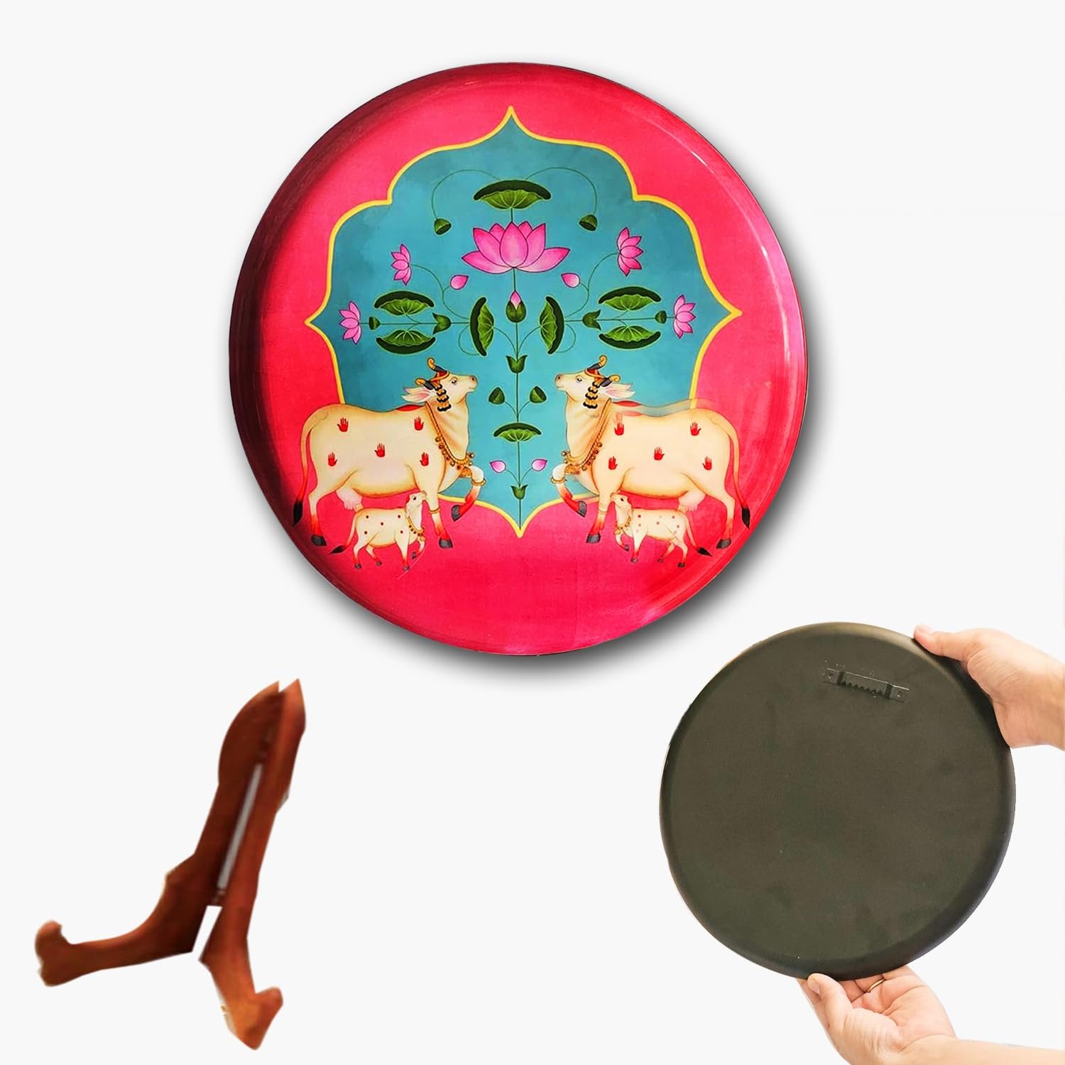 Pastel Pichwai Lotus & Cows Wall Plate (10 Inch) Finish Frame for Home Decoration, Living Room - Wall Art for Gift, Aesthetic Room Decor Items | Wall Hanging (Pink)