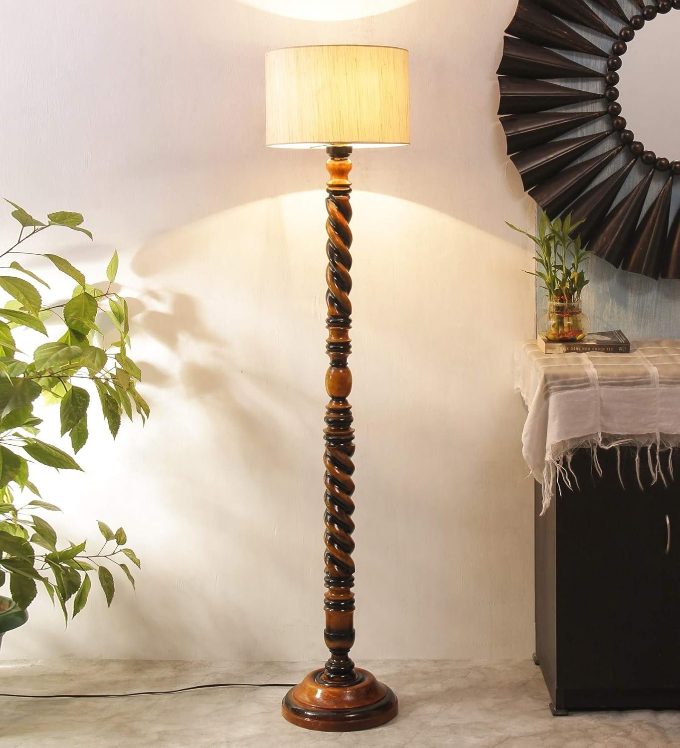 Off-White Cotton Drum Wooden Floor Lamp -1- (12x56.7 inches) -Closed Snake