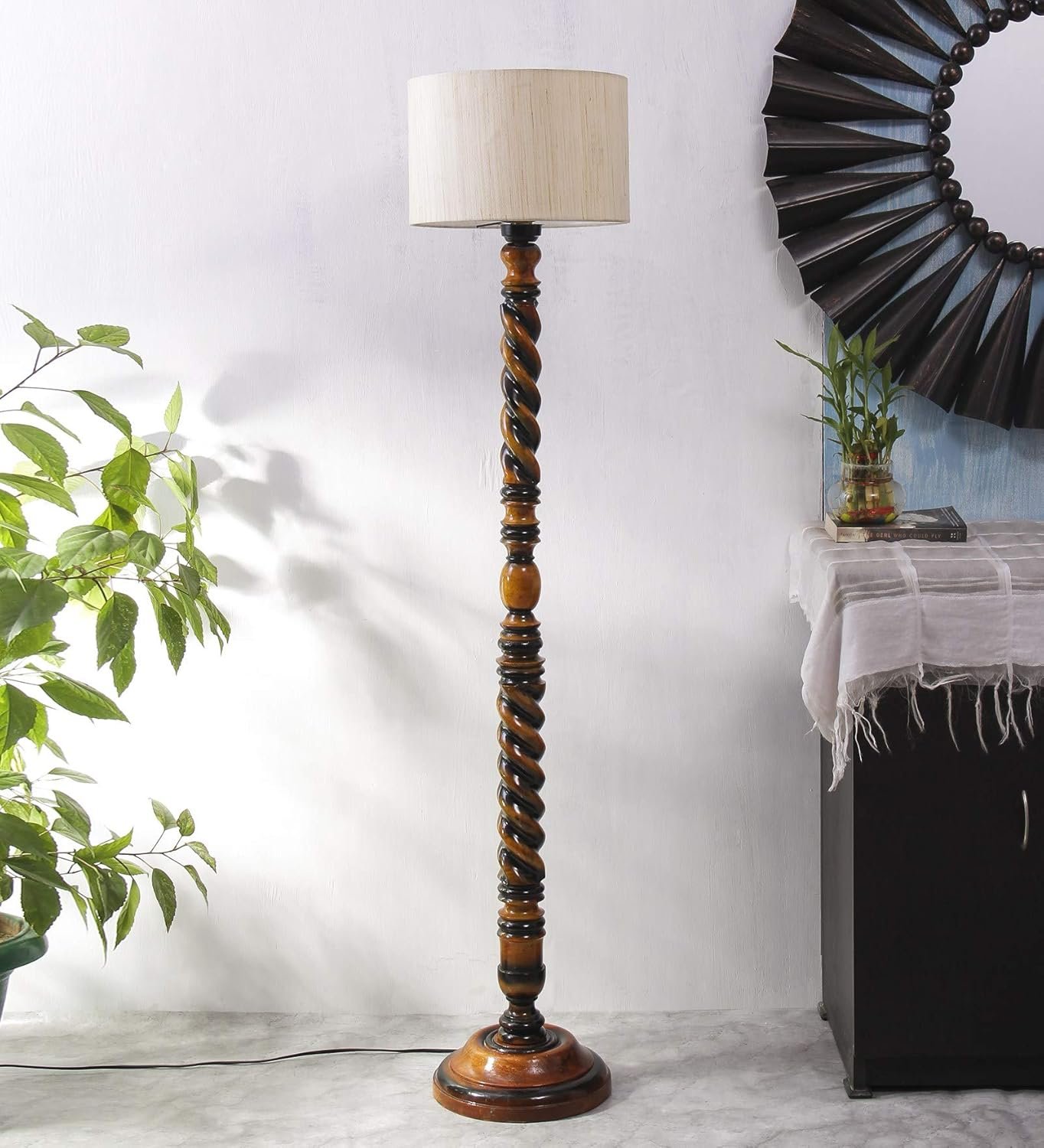 Off-White Cotton Drum Wooden Floor Lamp -1- (12x56.7 inches) -Closed Snake