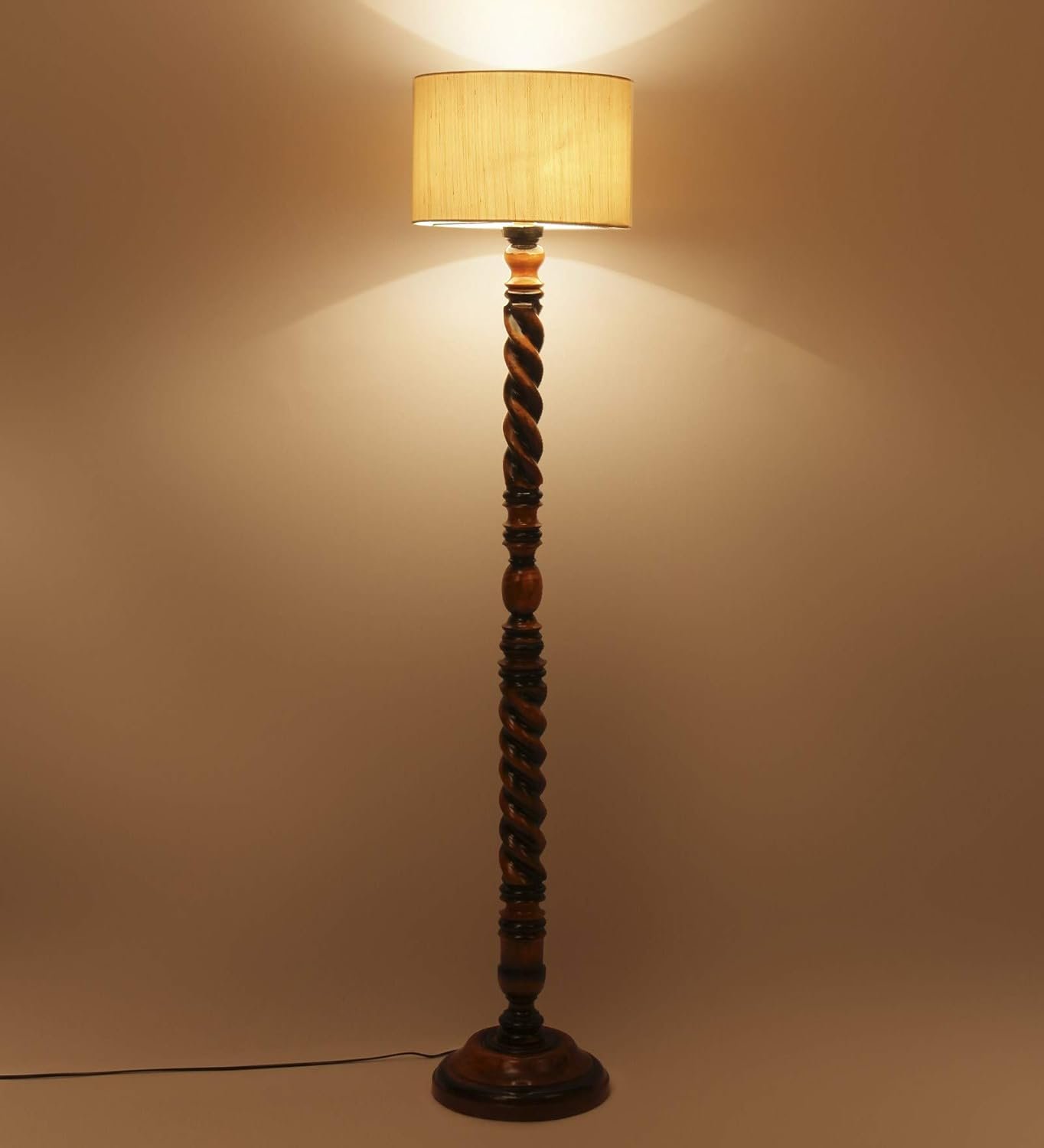 Off-White Cotton Drum Wooden Floor Lamp -1- (12x56.7 inches) -Closed Snake