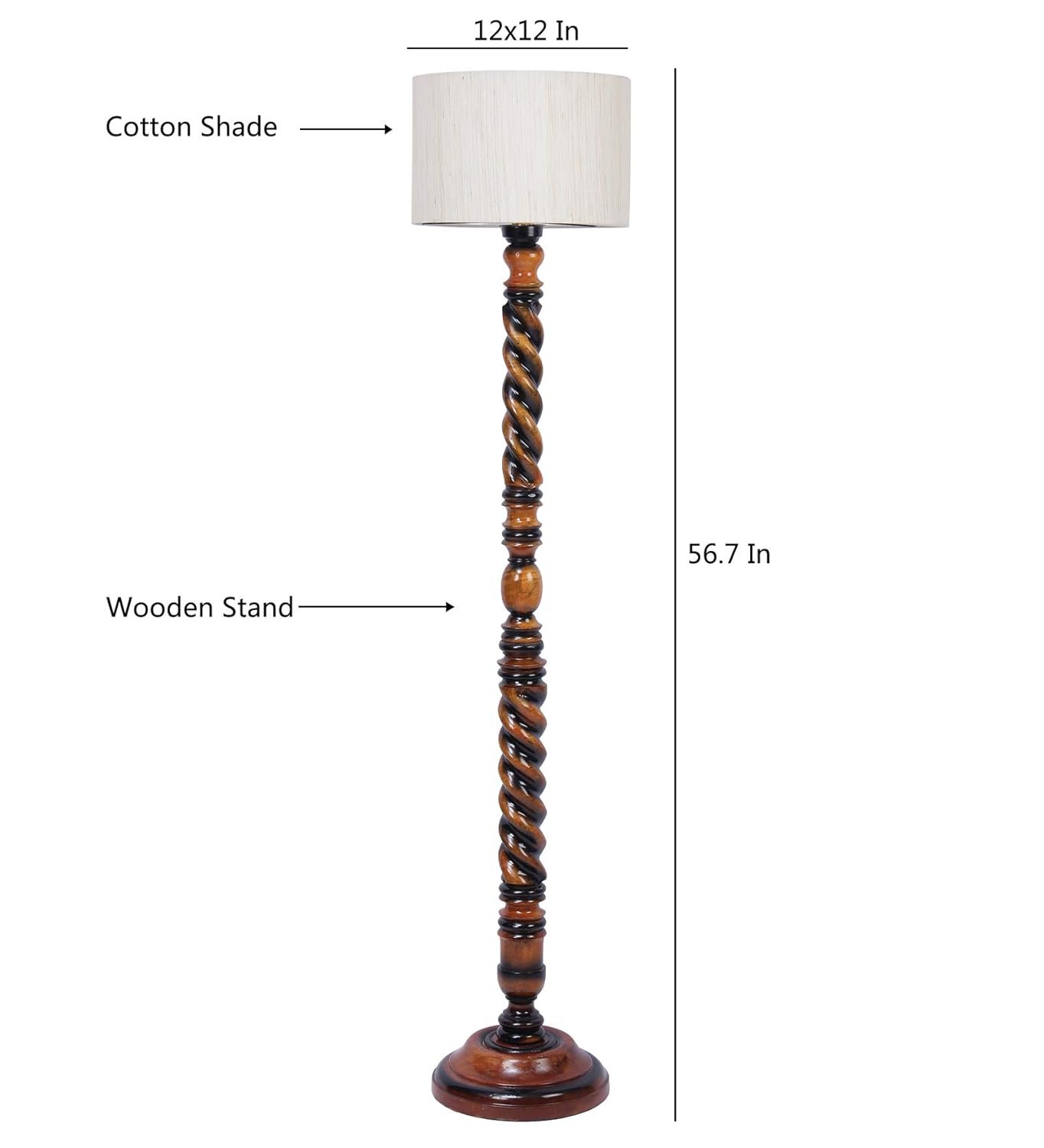 Off-White Cotton Drum Wooden Floor Lamp -1- (12x56.7 inches) -Closed Snake