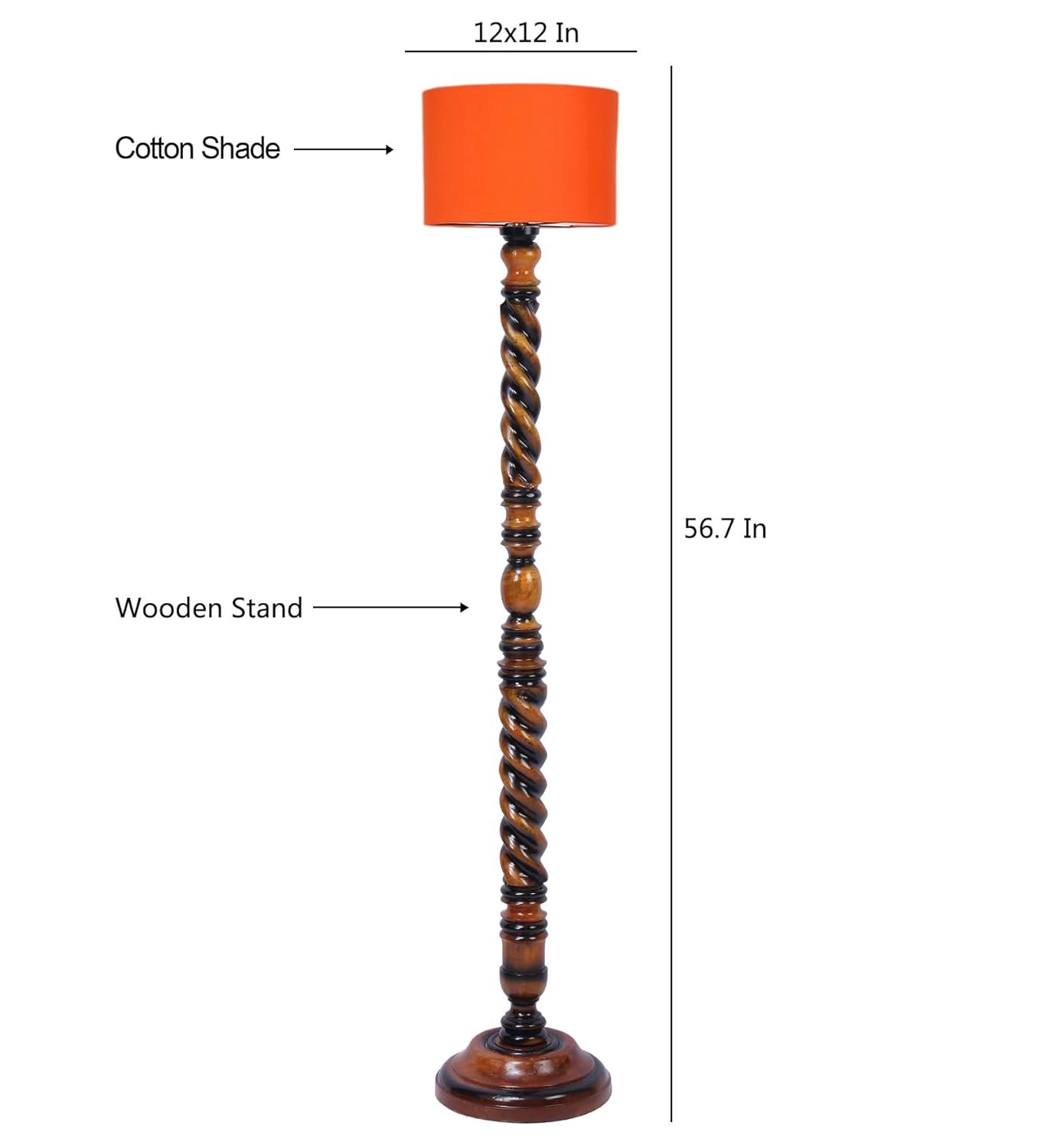 Orange Cotton Drum Wooden Floor Lamp -4-(12x56.7 inches) -Closed Snake