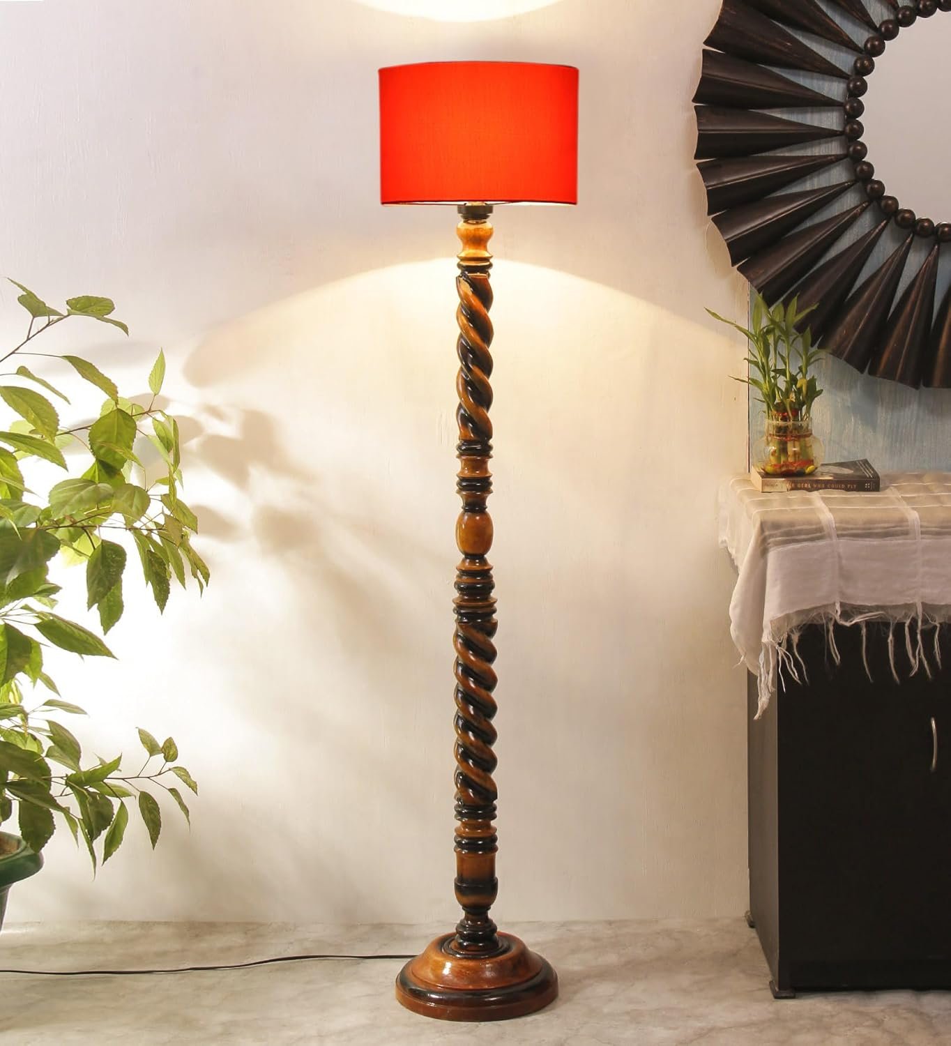 Orange Cotton Drum Wooden Floor Lamp -4-(12x56.7 inches) -Closed Snake