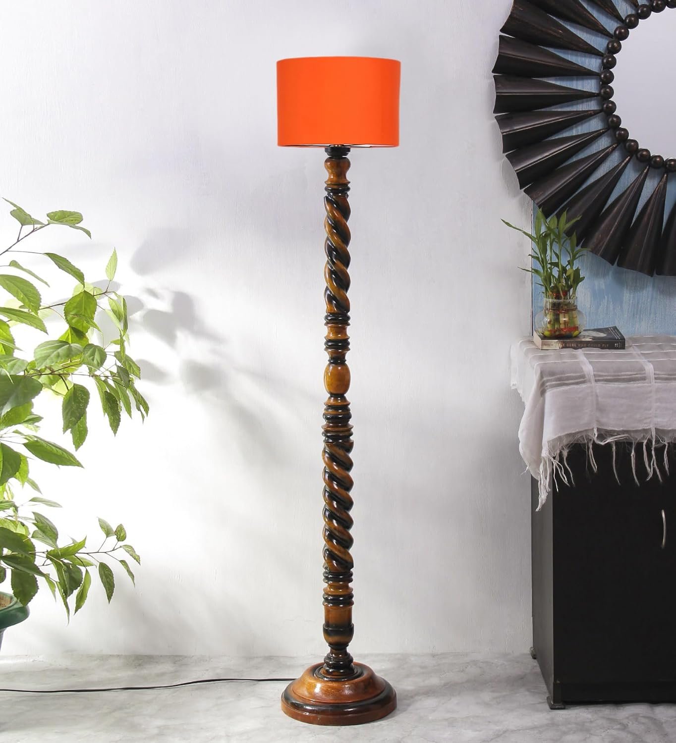 Orange Cotton Drum Wooden Floor Lamp -4-(12x56.7 inches) -Closed Snake