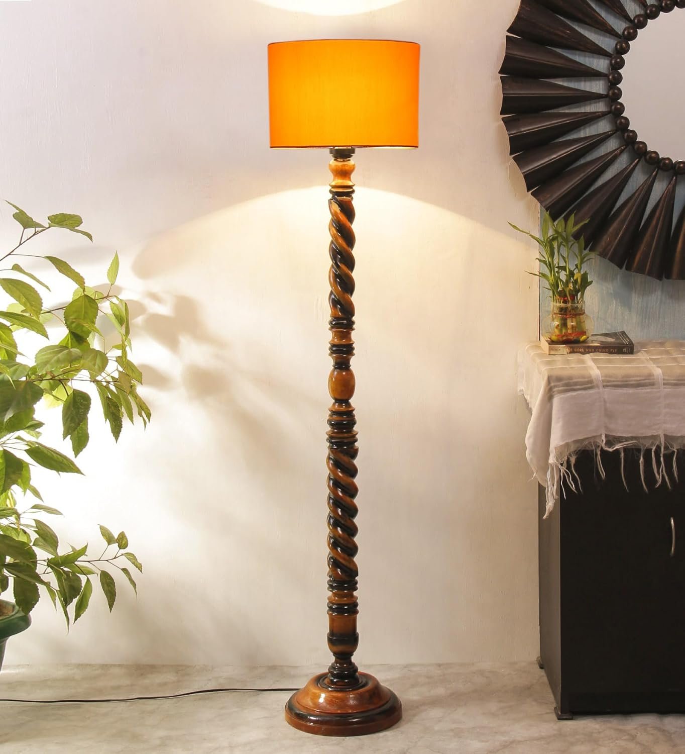 Yellow Cotton Drum Wooden Floor Lamp -5-(12x56 .7inches) -Closed Snake