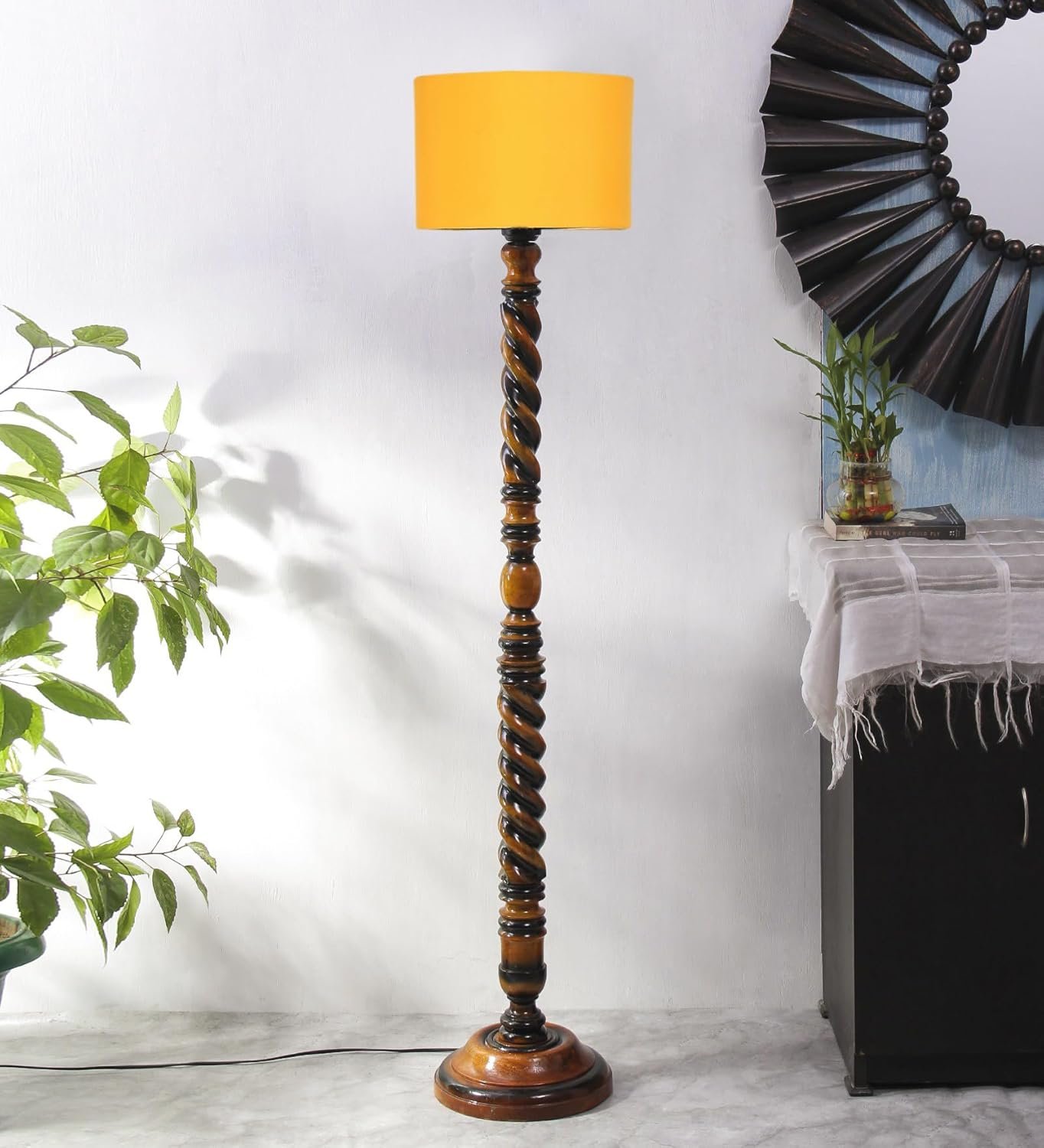 Yellow Cotton Drum Wooden Floor Lamp -5-(12x56 .7inches) -Closed Snake