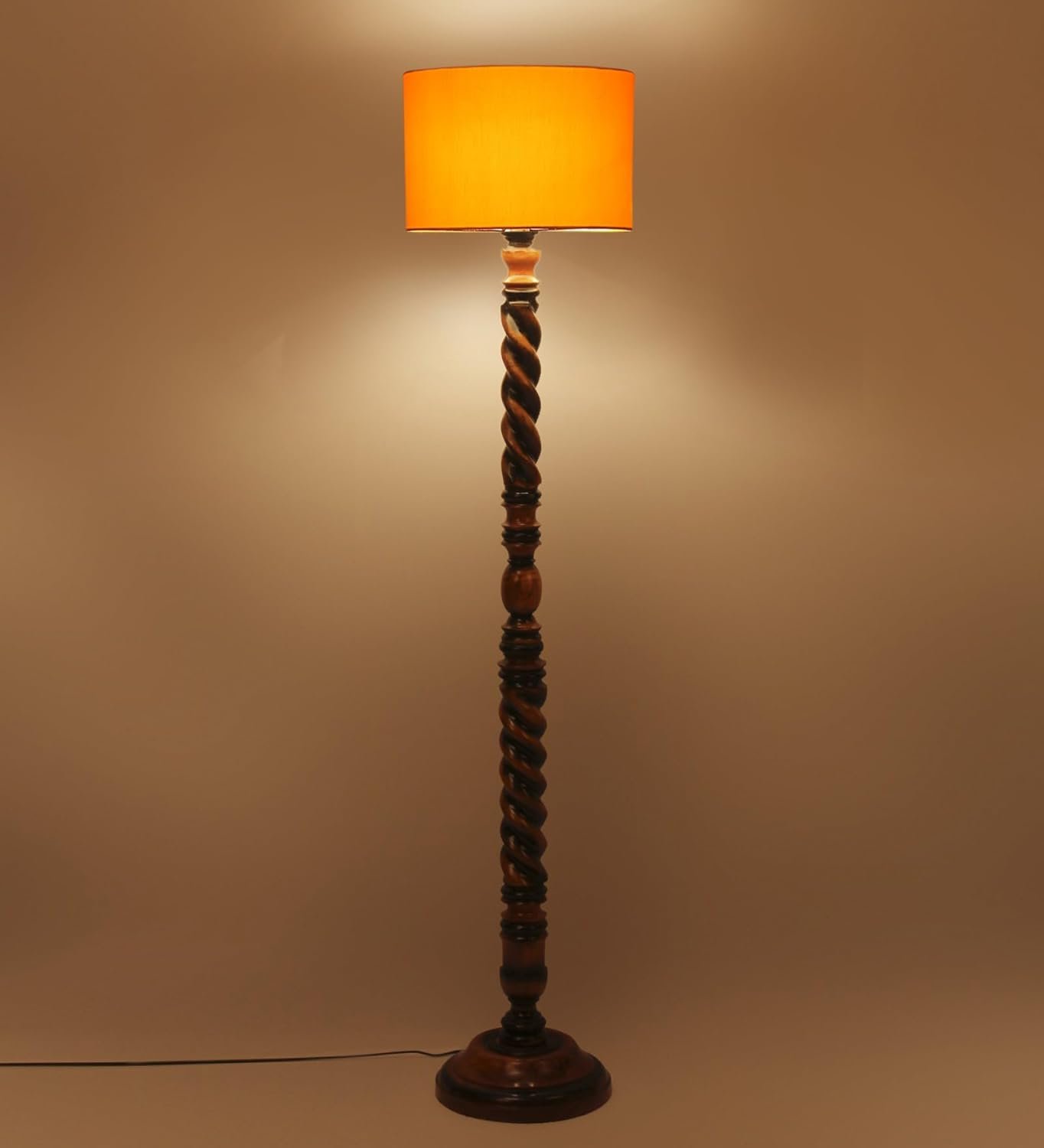 Yellow Cotton Drum Wooden Floor Lamp -5-(12x56 .7inches) -Closed Snake