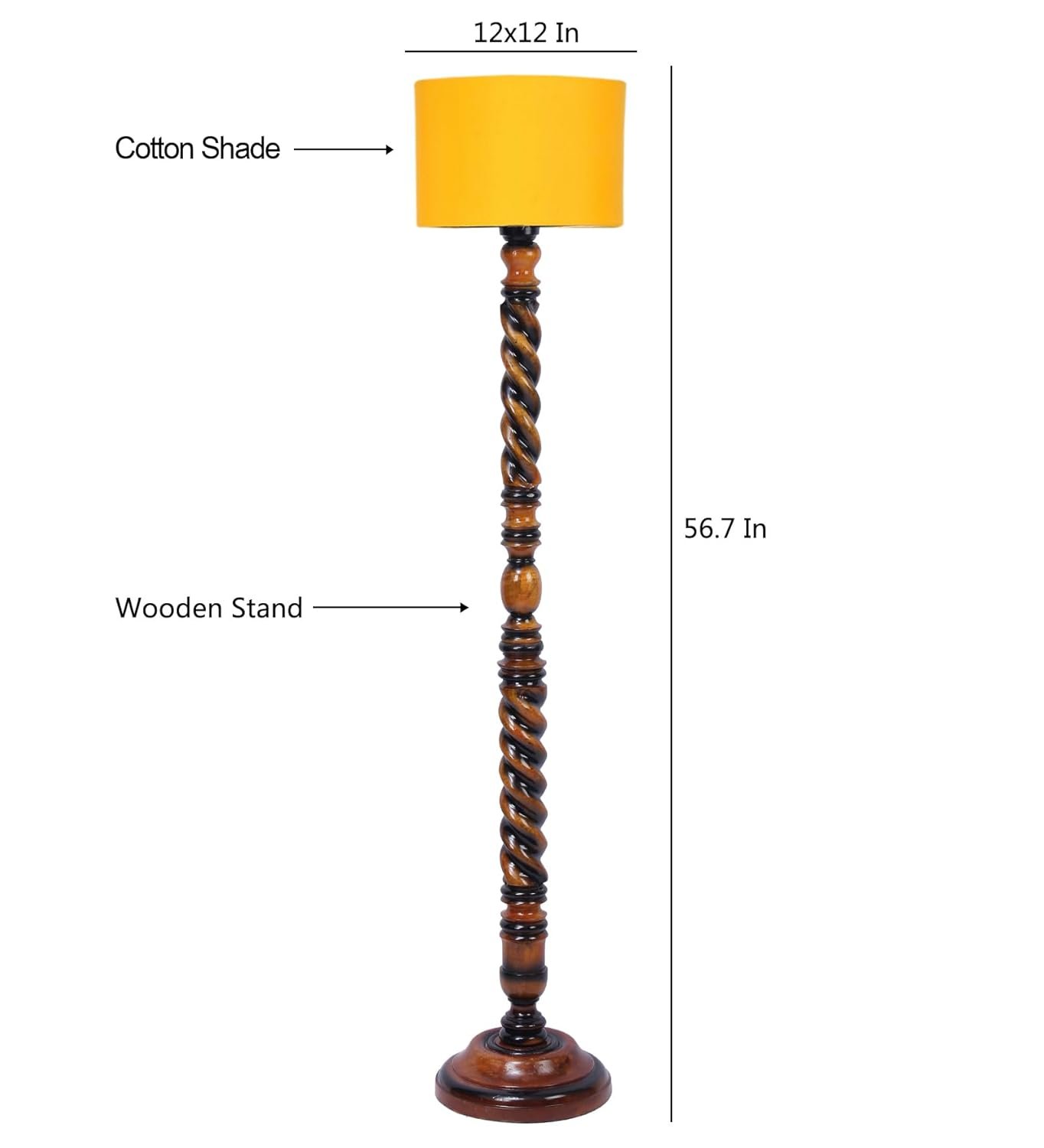 Yellow Cotton Drum Wooden Floor Lamp -5-(12x56 .7inches) -Closed Snake