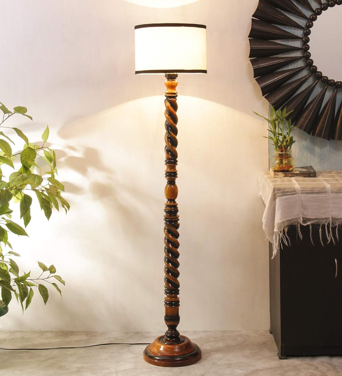 White & Black Cotton Drum Wooden Floor Lamp -7-(12x56.7inches)-Closed Snake