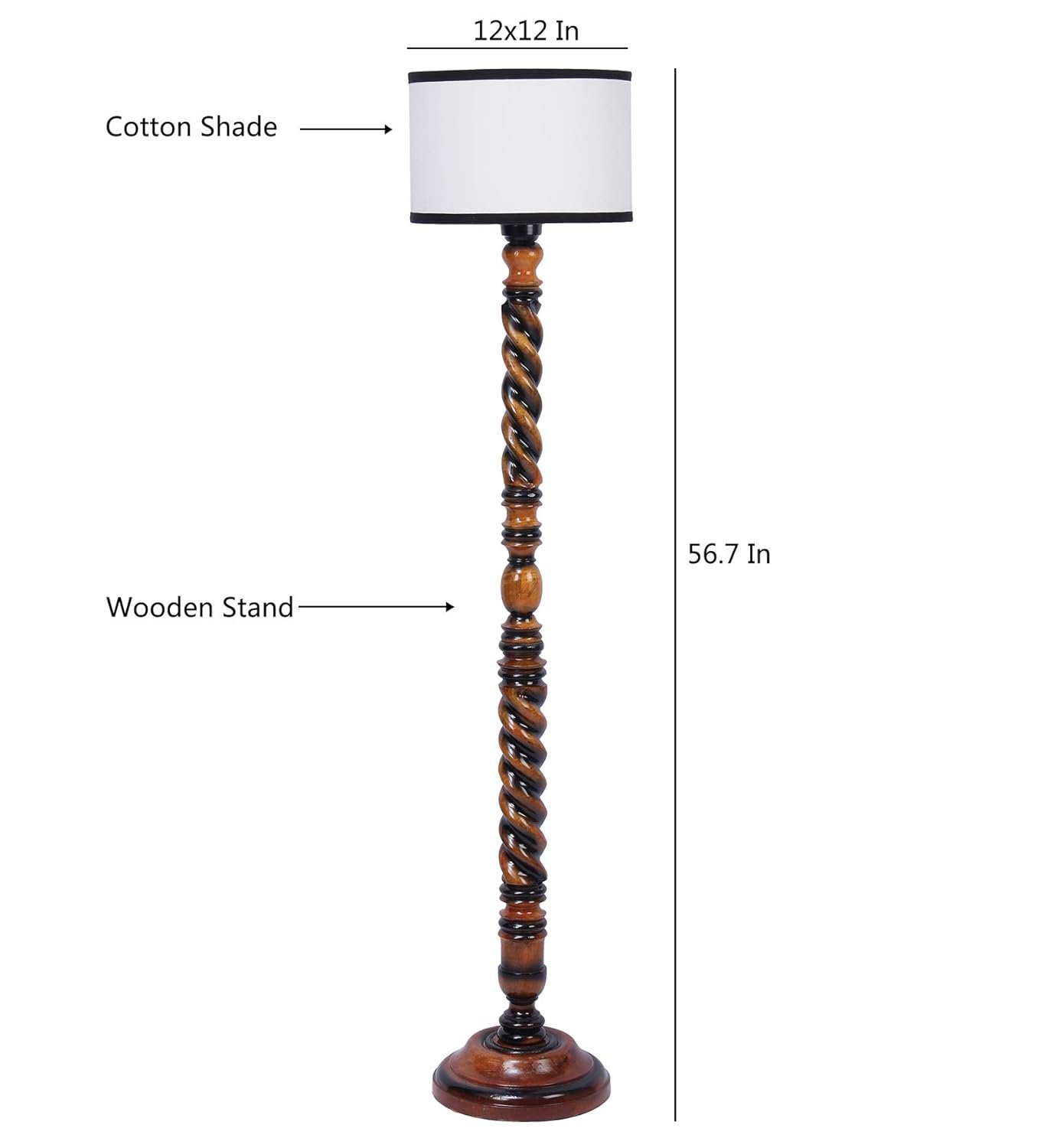White & Black Cotton Drum Wooden Floor Lamp -7-(12x56.7inches)-Closed Snake