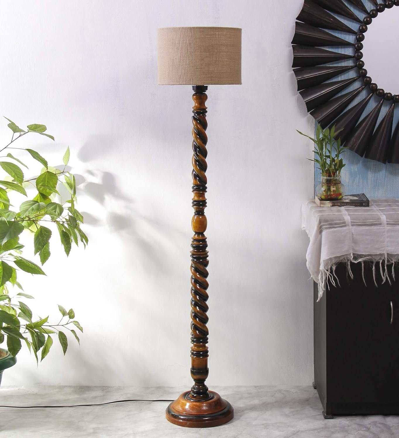 Beige Jute Drum Wooden Floor Lamp -8-(12x56.7inches) -Closed Snake