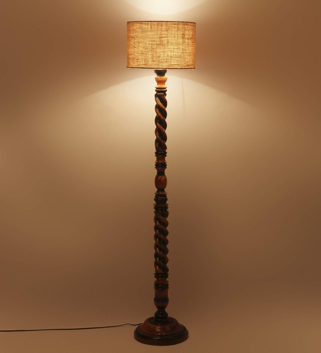 Beige Jute Drum Wooden Floor Lamp -8-(12x56.7inches) -Closed Snake