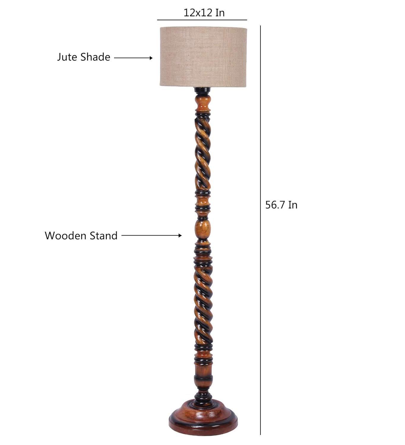 Beige Jute Drum Wooden Floor Lamp -8-(12x56.7inches) -Closed Snake