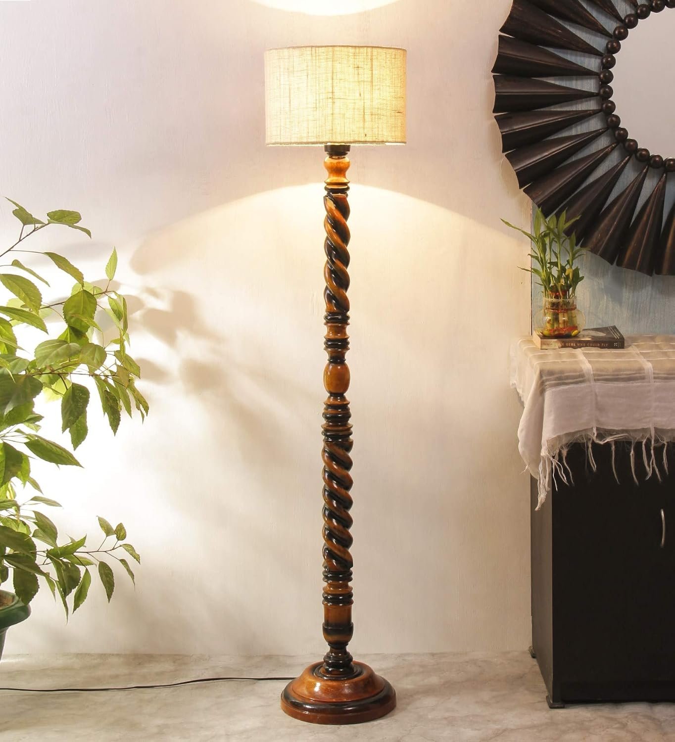 White Jute Drum Wooden Floor Lamp -9-(12x56.7inches) -Closed Snake
