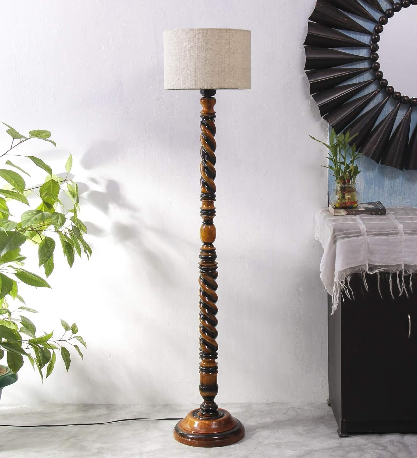 White Jute Drum Wooden Floor Lamp -9-(12x56.7inches) -Closed Snake