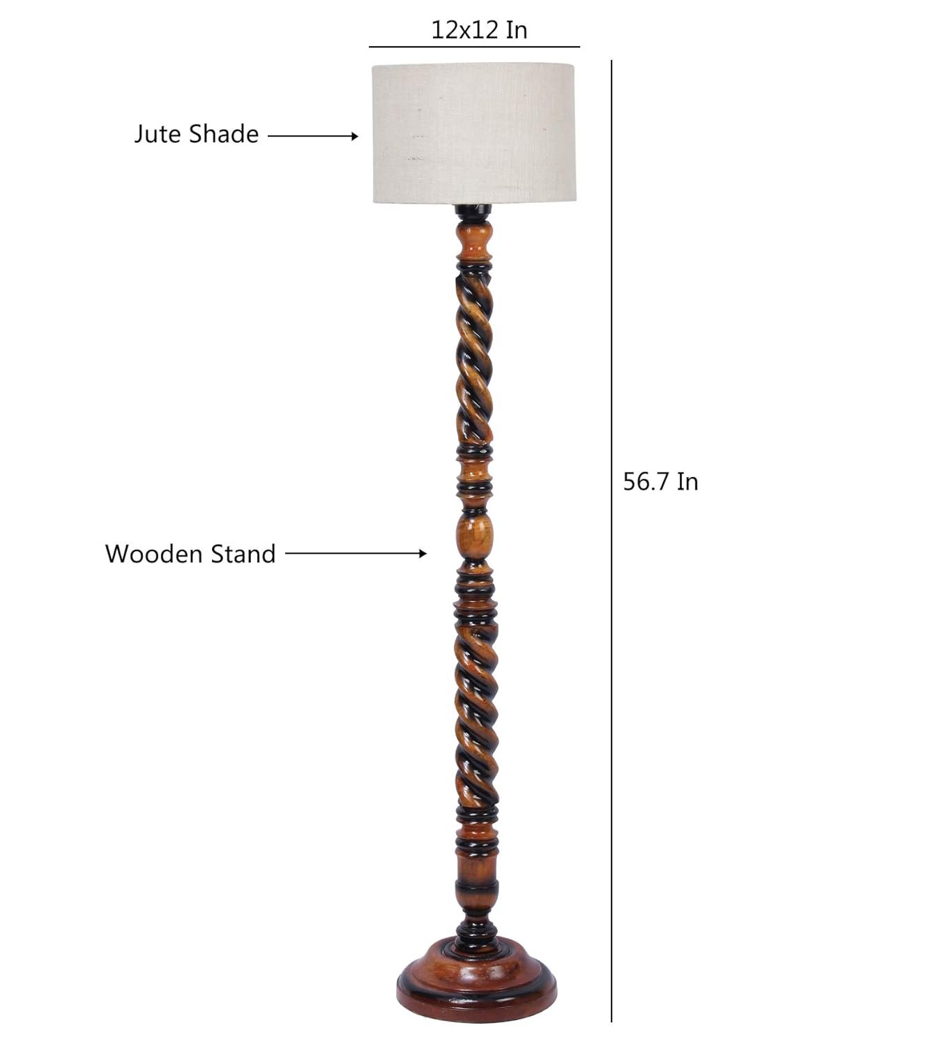 White Jute Drum Wooden Floor Lamp -9-(12x56.7inches) -Closed Snake