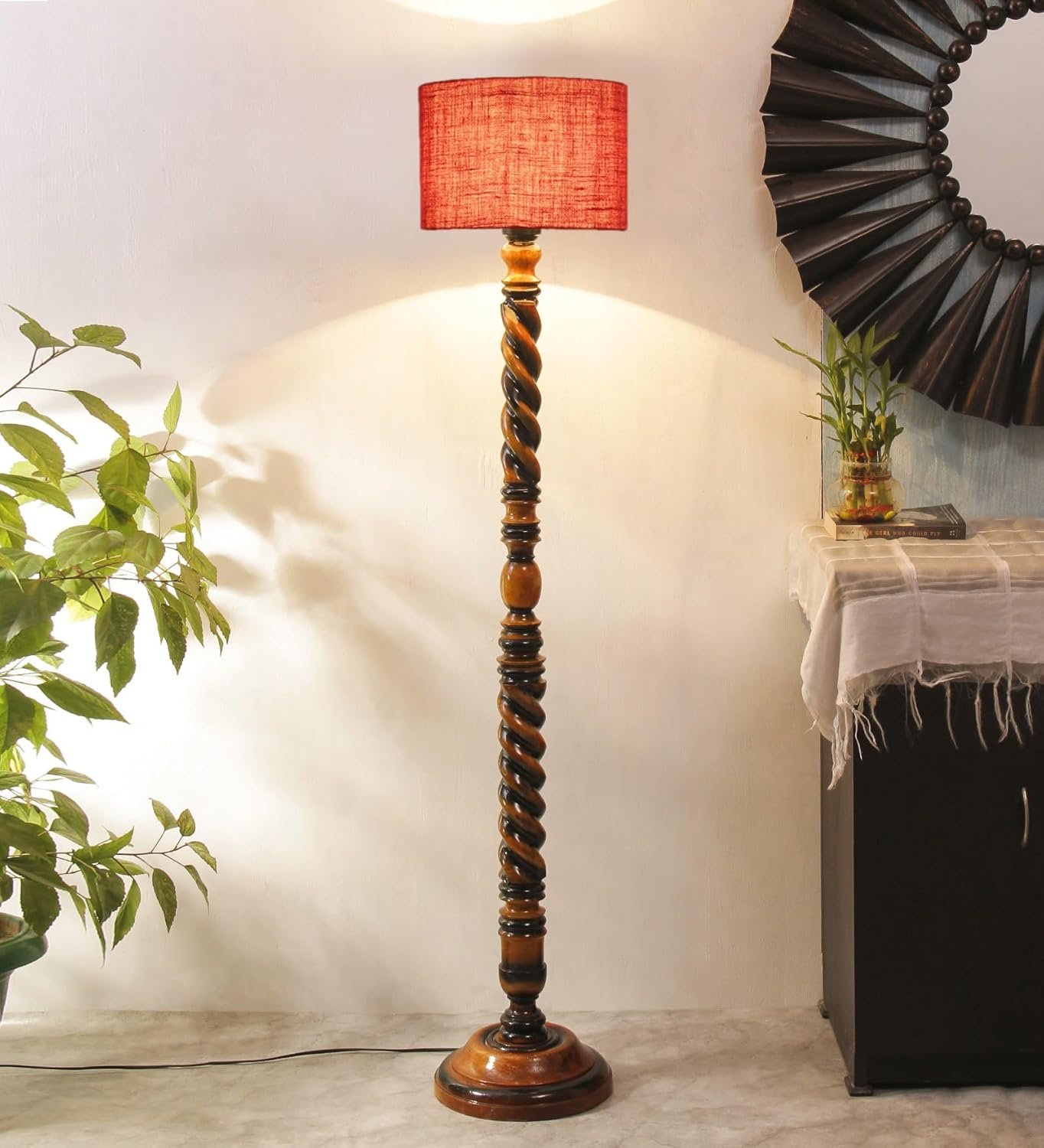 Pink Jute Drum Wooden Floor Lamp -10-(12x56.7inches) -Closed Snake
