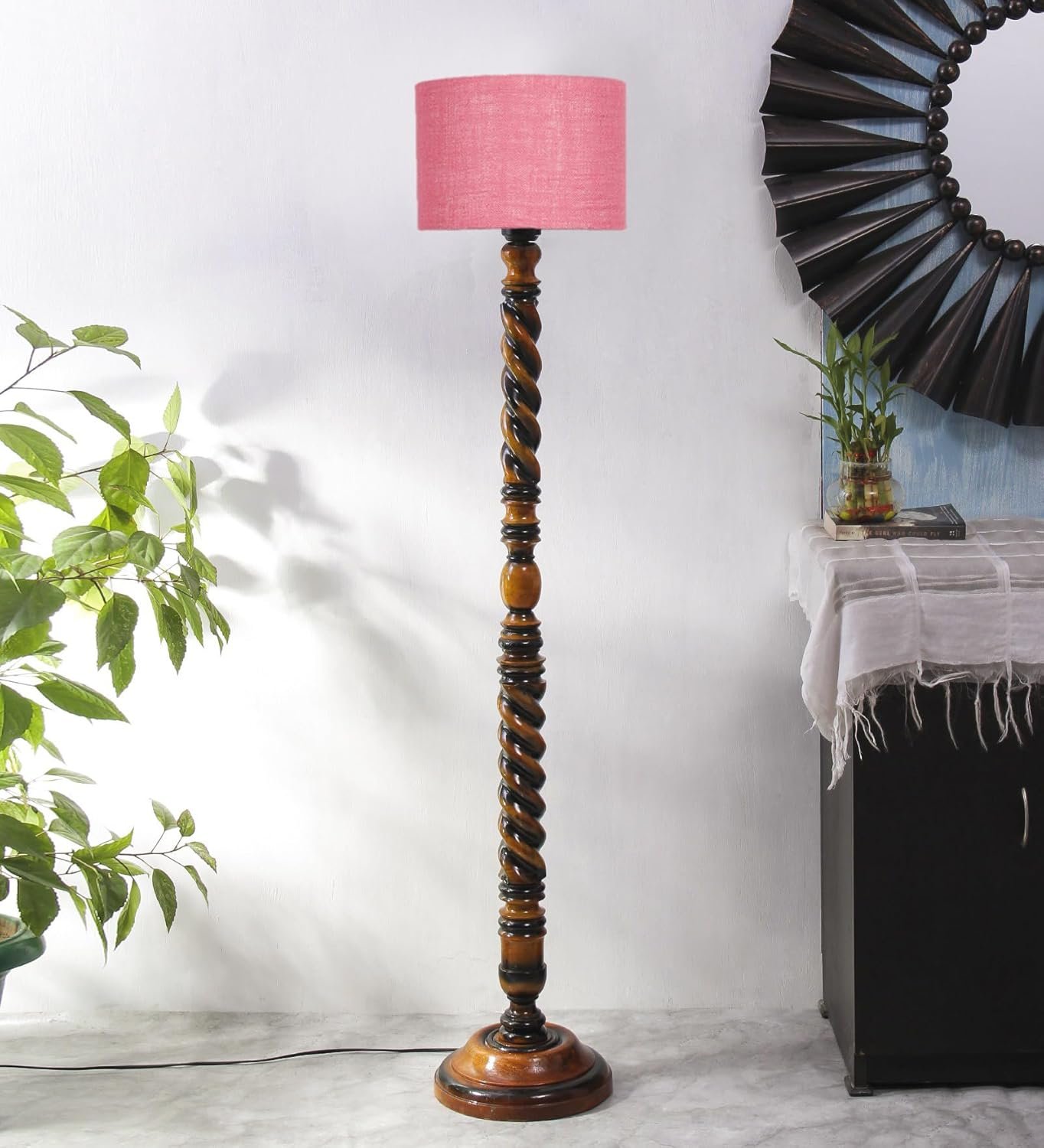 Pink Jute Drum Wooden Floor Lamp -10-(12x56.7inches) -Closed Snake