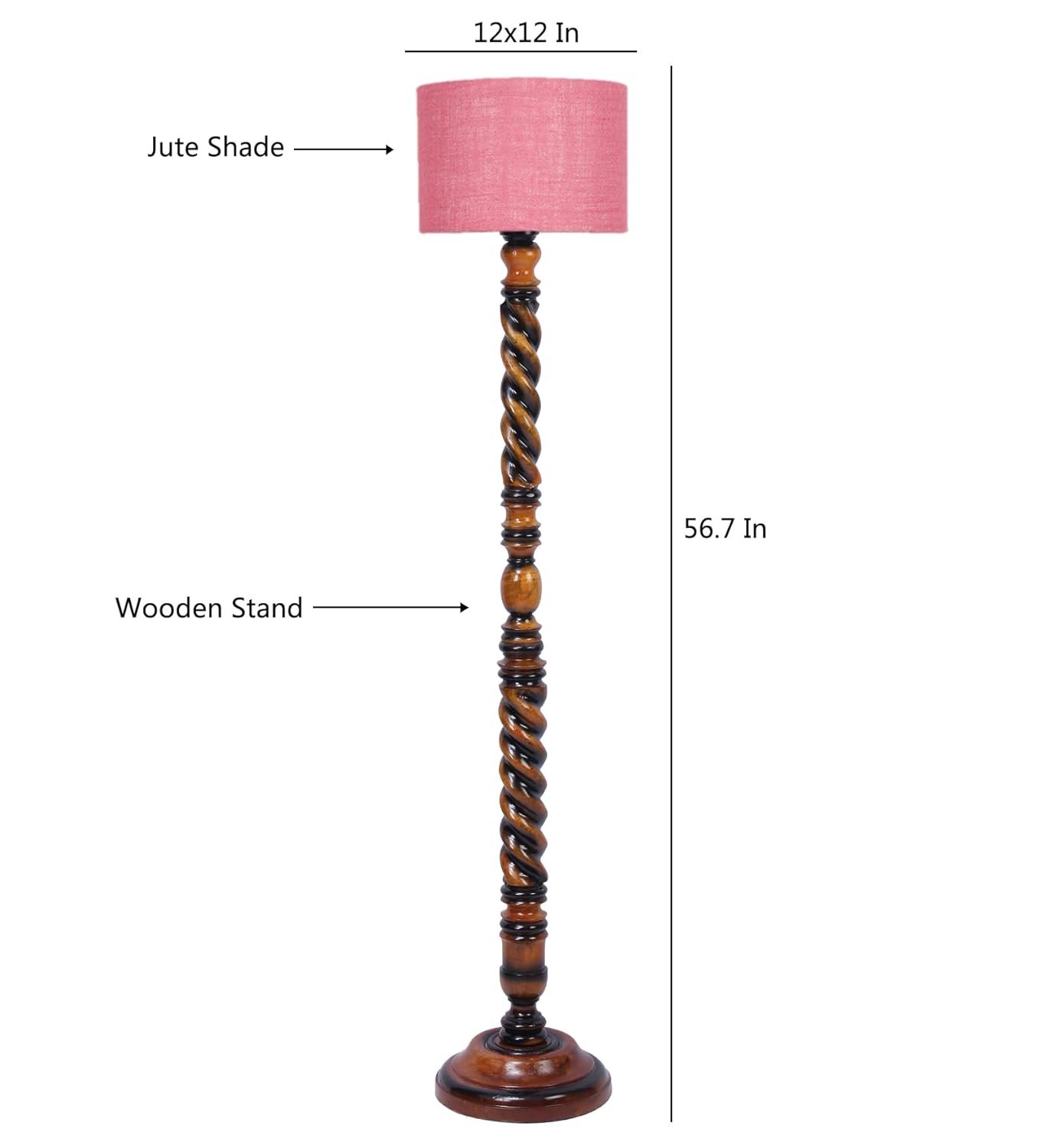 Pink Jute Drum Wooden Floor Lamp -10-(12x56.7inches) -Closed Snake