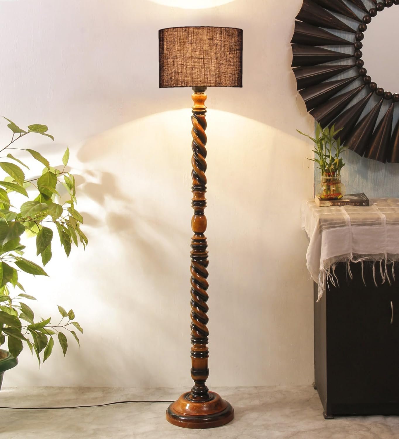 Maroon Jute Drum Wooden Floor Lamp -11-(12x56.7inches) -Closed Snake